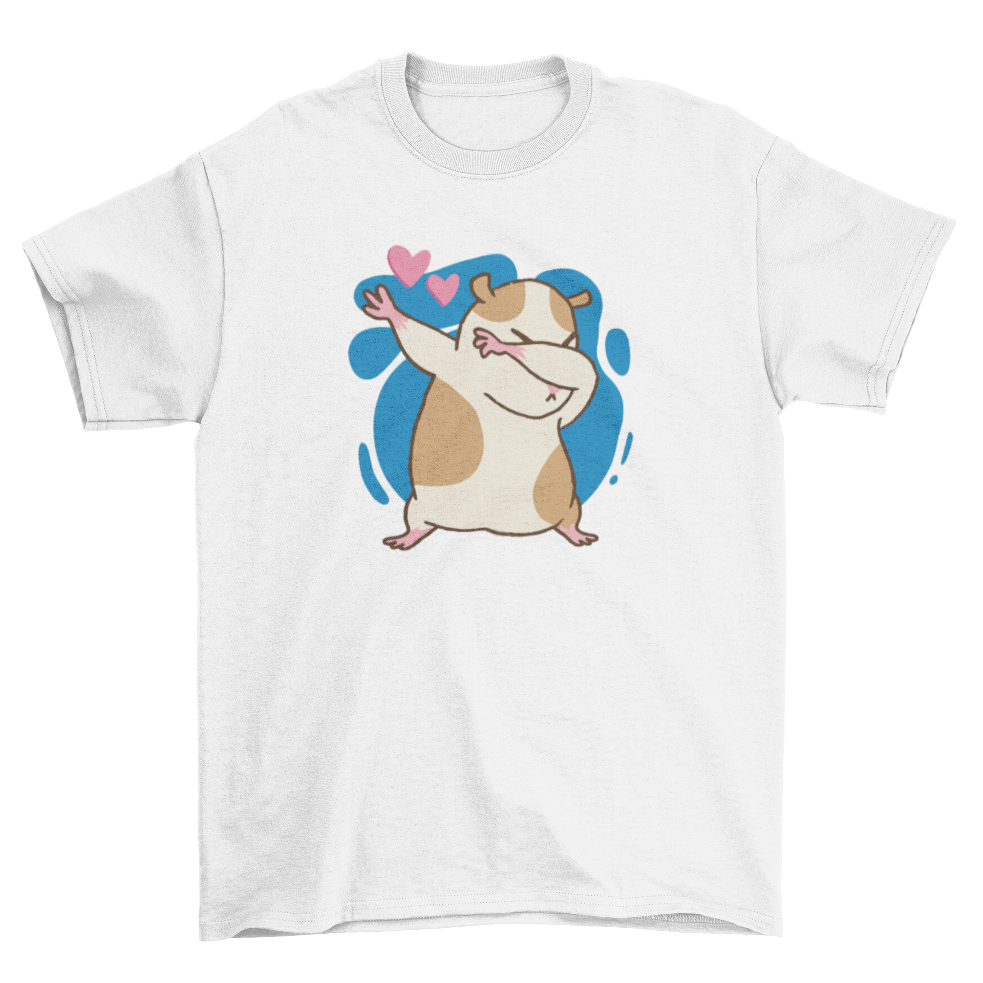 A cute cartoon t-shirt design featuring a dabbing hamster surrounded by hearts.