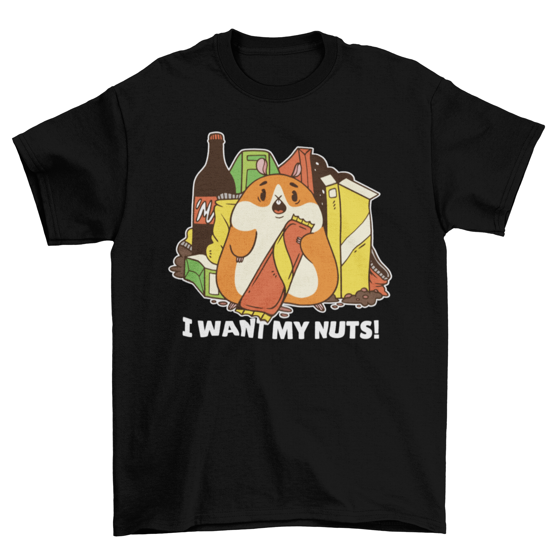 Hamster Junk Food Quote T-shirt featuring a chubby hamster and colorful junk food with the quote 'I WANT MY NUTS'.