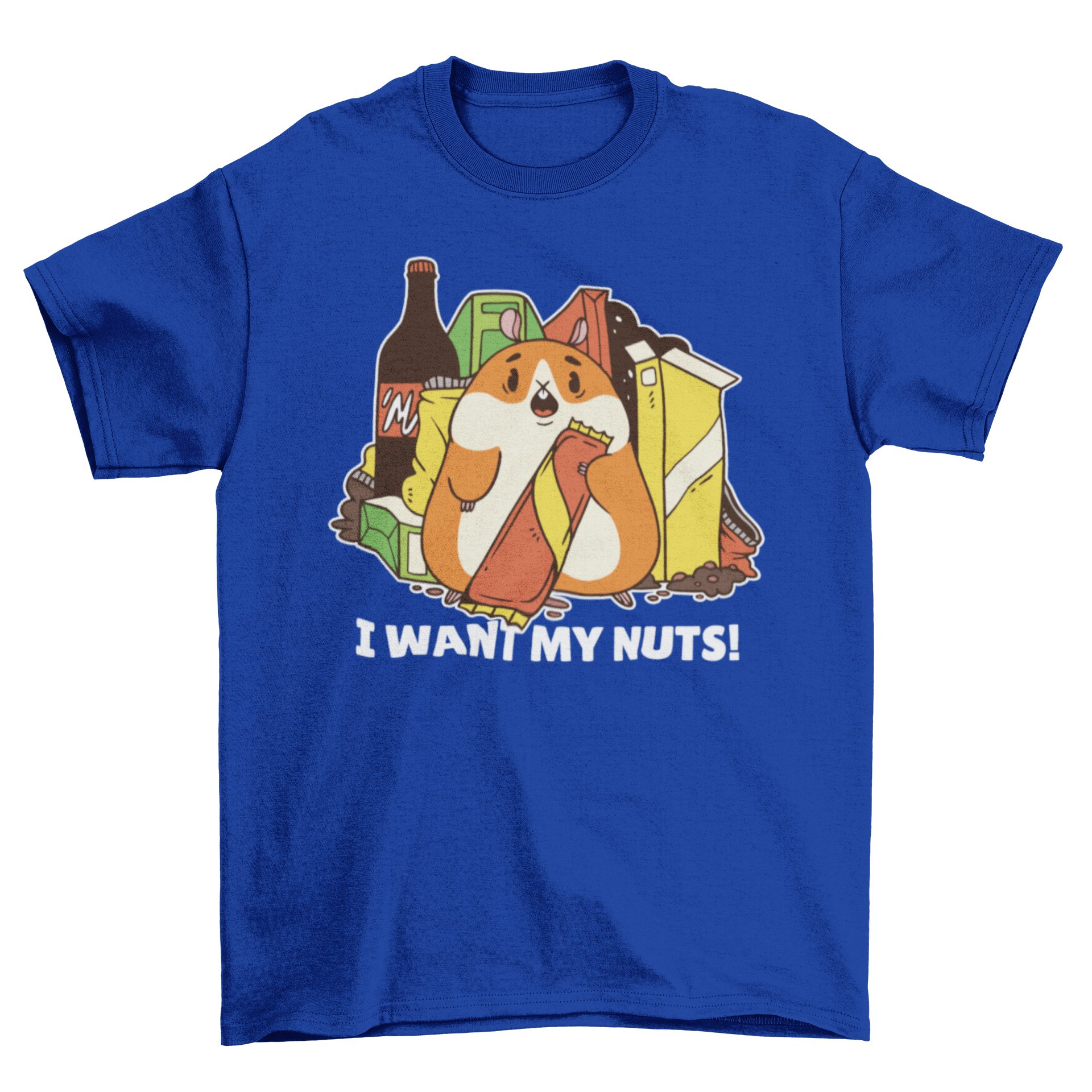 Hamster Junk Food Quote T-shirt featuring a chubby hamster and colorful junk food with the quote 'I WANT MY NUTS'.