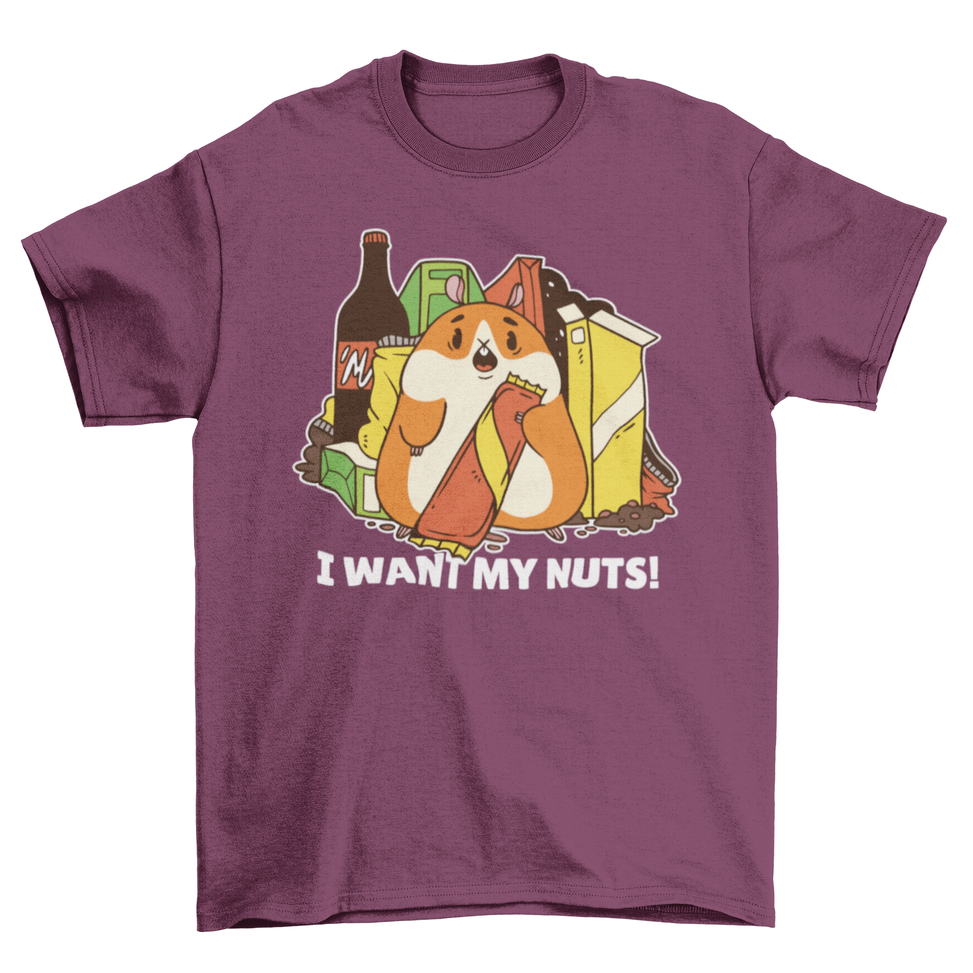 Hamster Junk Food Quote T-shirt featuring a chubby hamster and colorful junk food with the quote 'I WANT MY NUTS'.