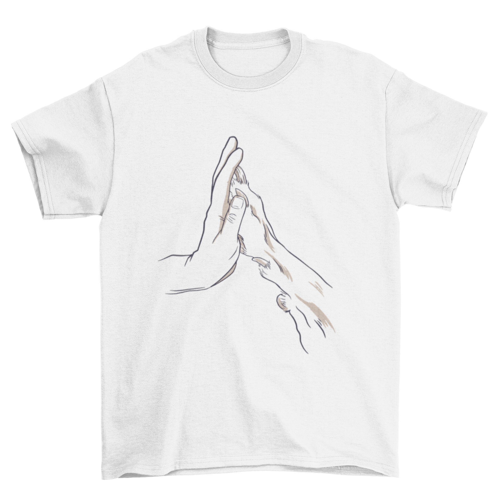 A stylish t-shirt featuring a hand and a dog's paw touching in a hand-drawn design, symbolizing the bond between humans and dogs.