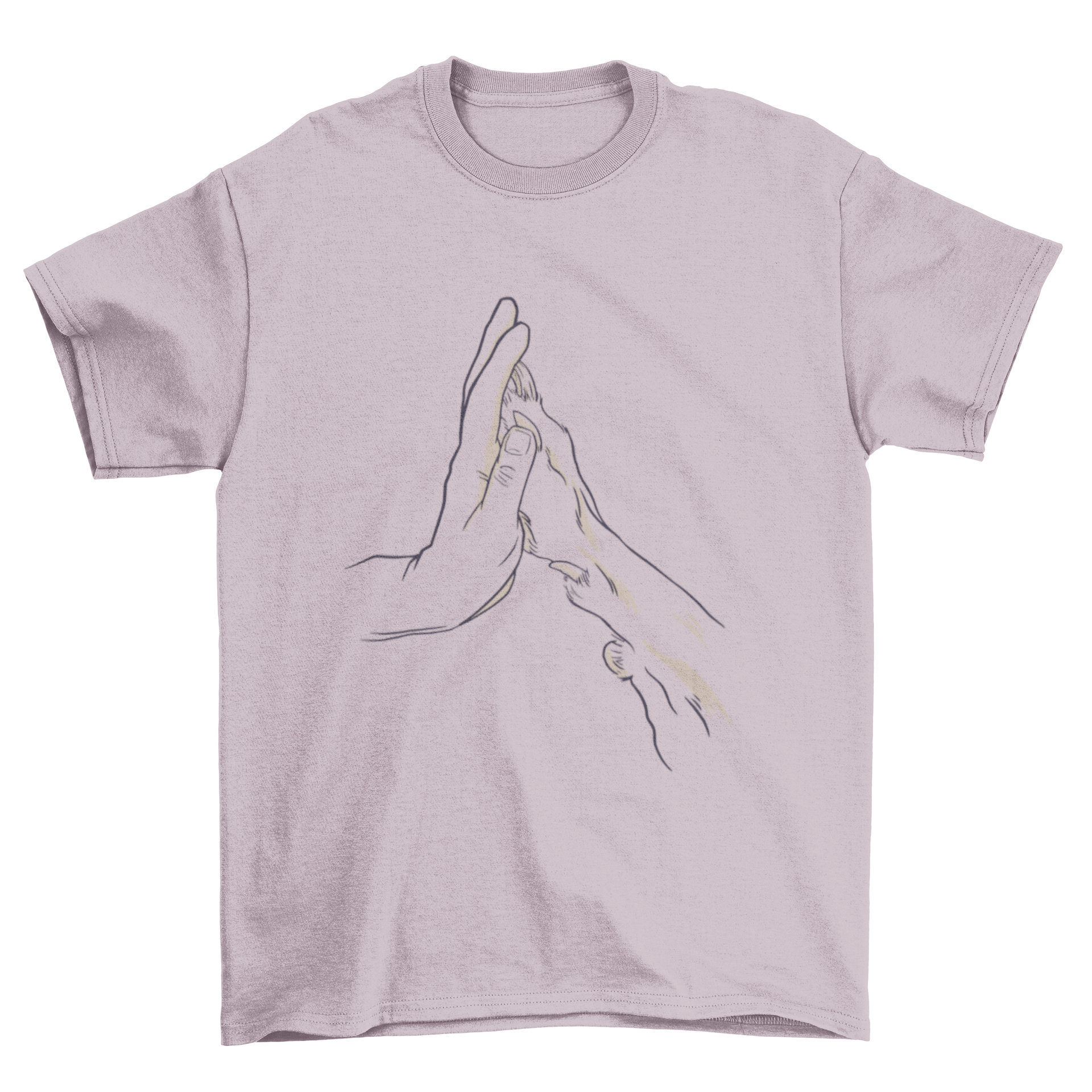 A stylish t-shirt featuring a hand and a dog's paw touching in a hand-drawn design, symbolizing the bond between humans and dogs.