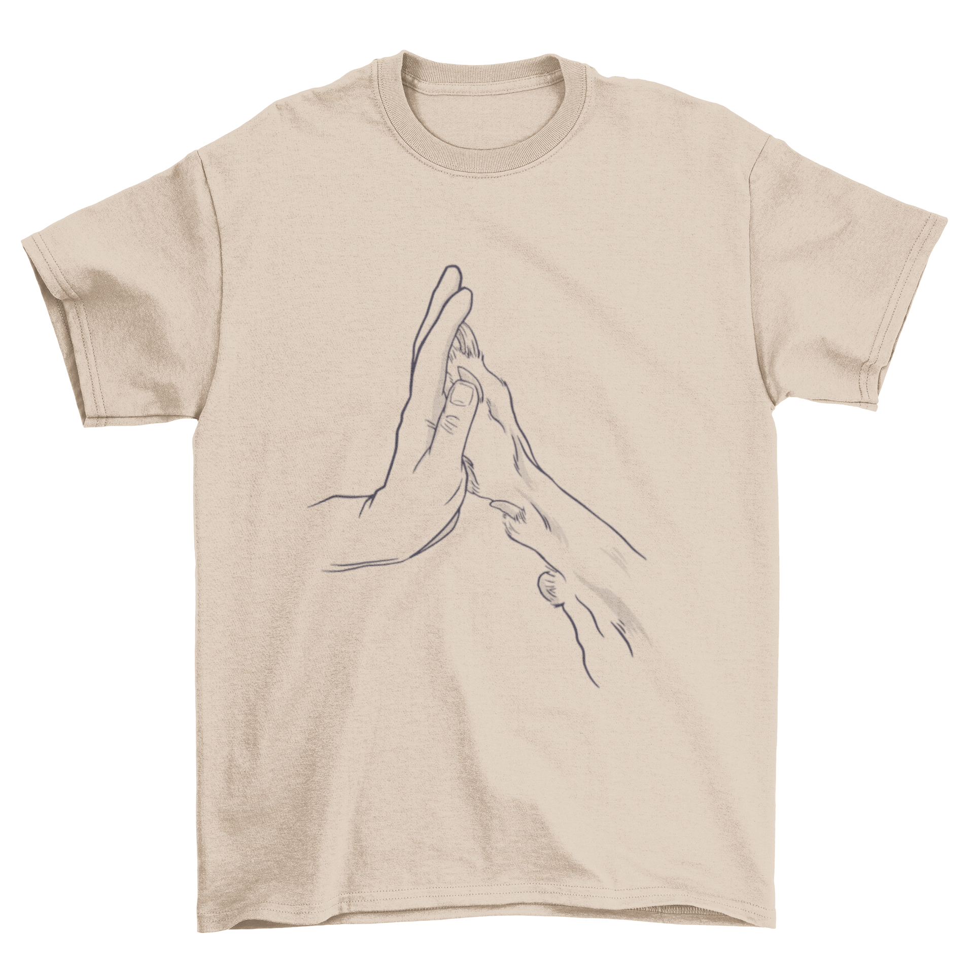 A stylish t-shirt featuring a hand and a dog's paw touching in a hand-drawn design, symbolizing the bond between humans and dogs.