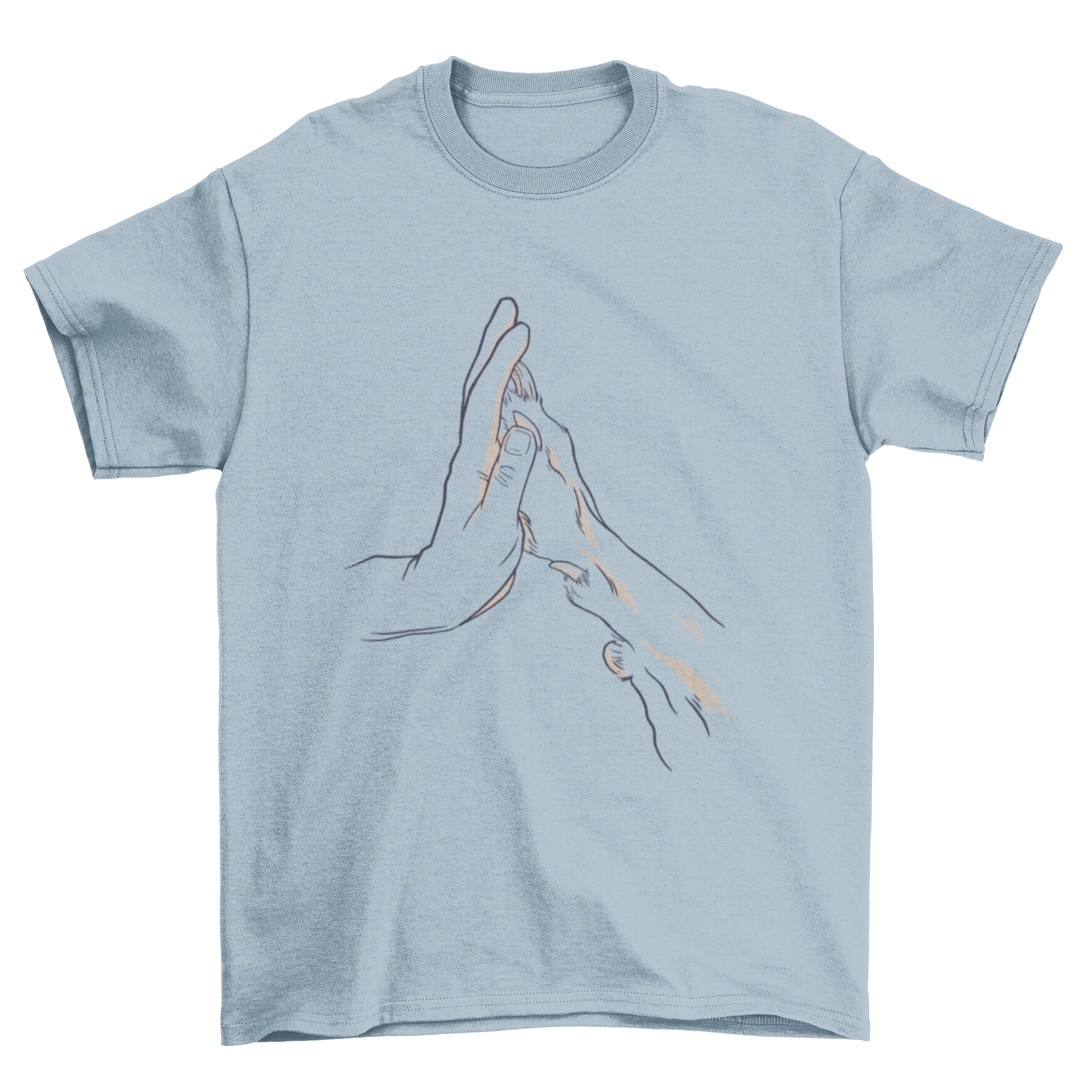 A stylish t-shirt featuring a hand and a dog's paw touching in a hand-drawn design, symbolizing the bond between humans and dogs.