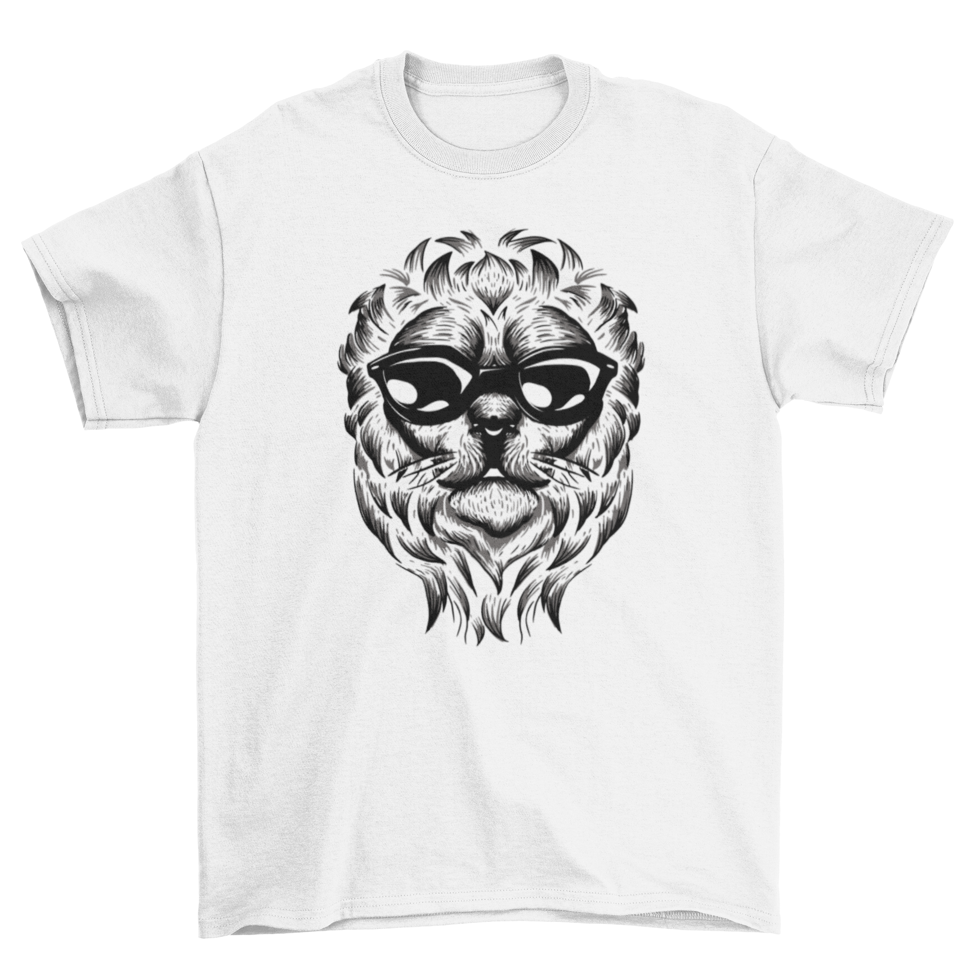 A stylish hand drawn t-shirt featuring a detailed lion portrait, showcasing artistic design and vibrant colors.