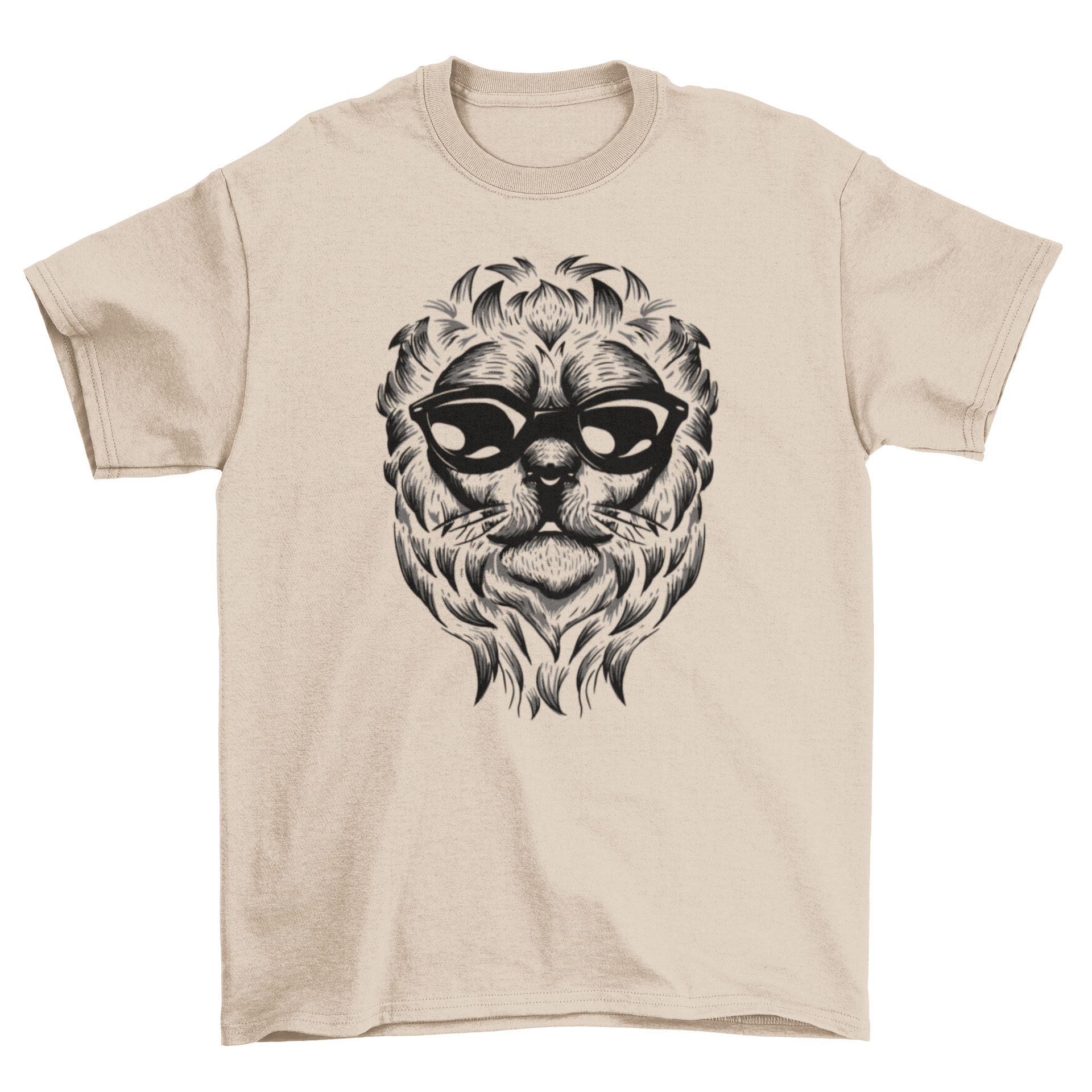 A stylish hand drawn t-shirt featuring a detailed lion portrait, showcasing artistic design and vibrant colors.