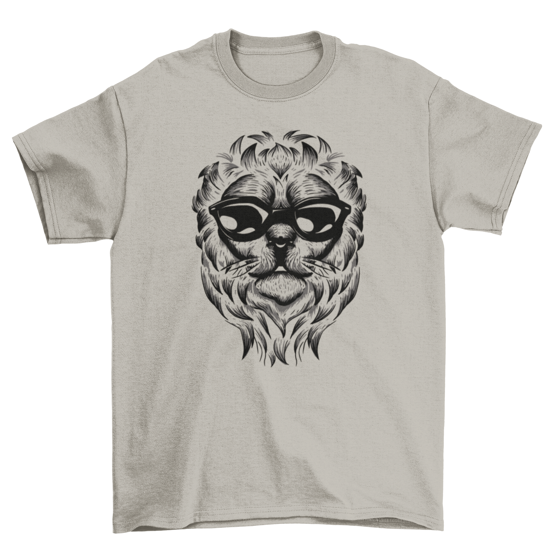 A stylish hand drawn t-shirt featuring a detailed lion portrait, showcasing artistic design and vibrant colors.