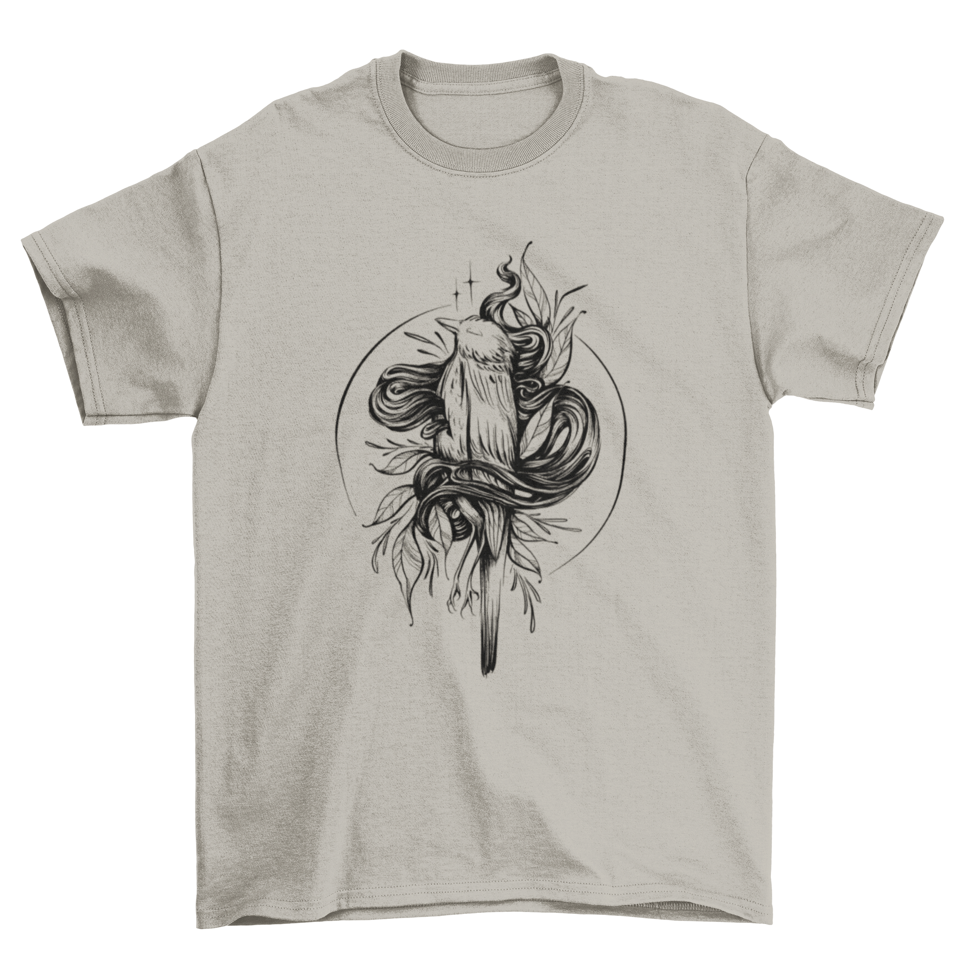 Hand-drawn dead bird t-shirt design featuring a bird with leaves, showcasing artistic details.