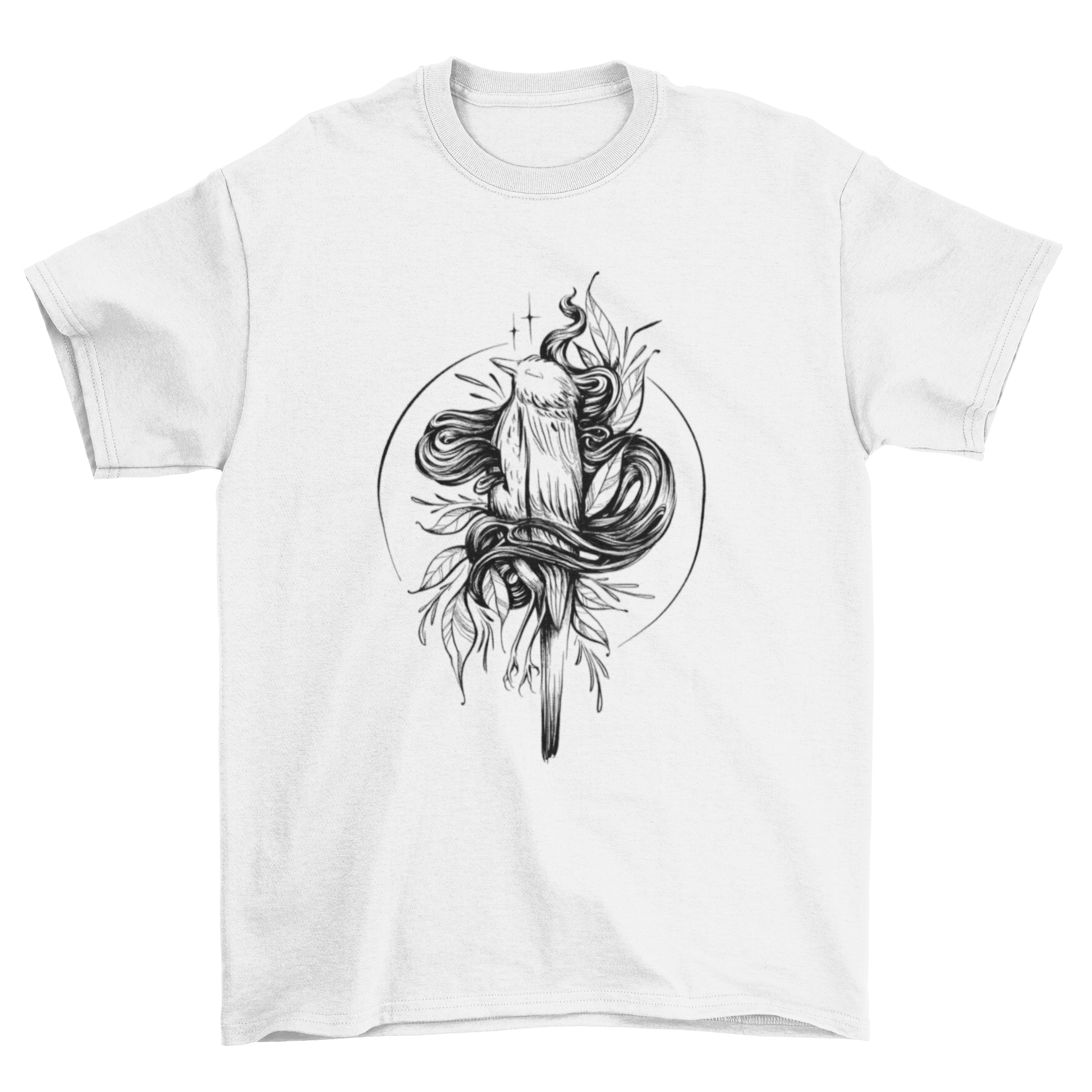 Hand-drawn dead bird t-shirt design featuring a bird with leaves, showcasing artistic details.