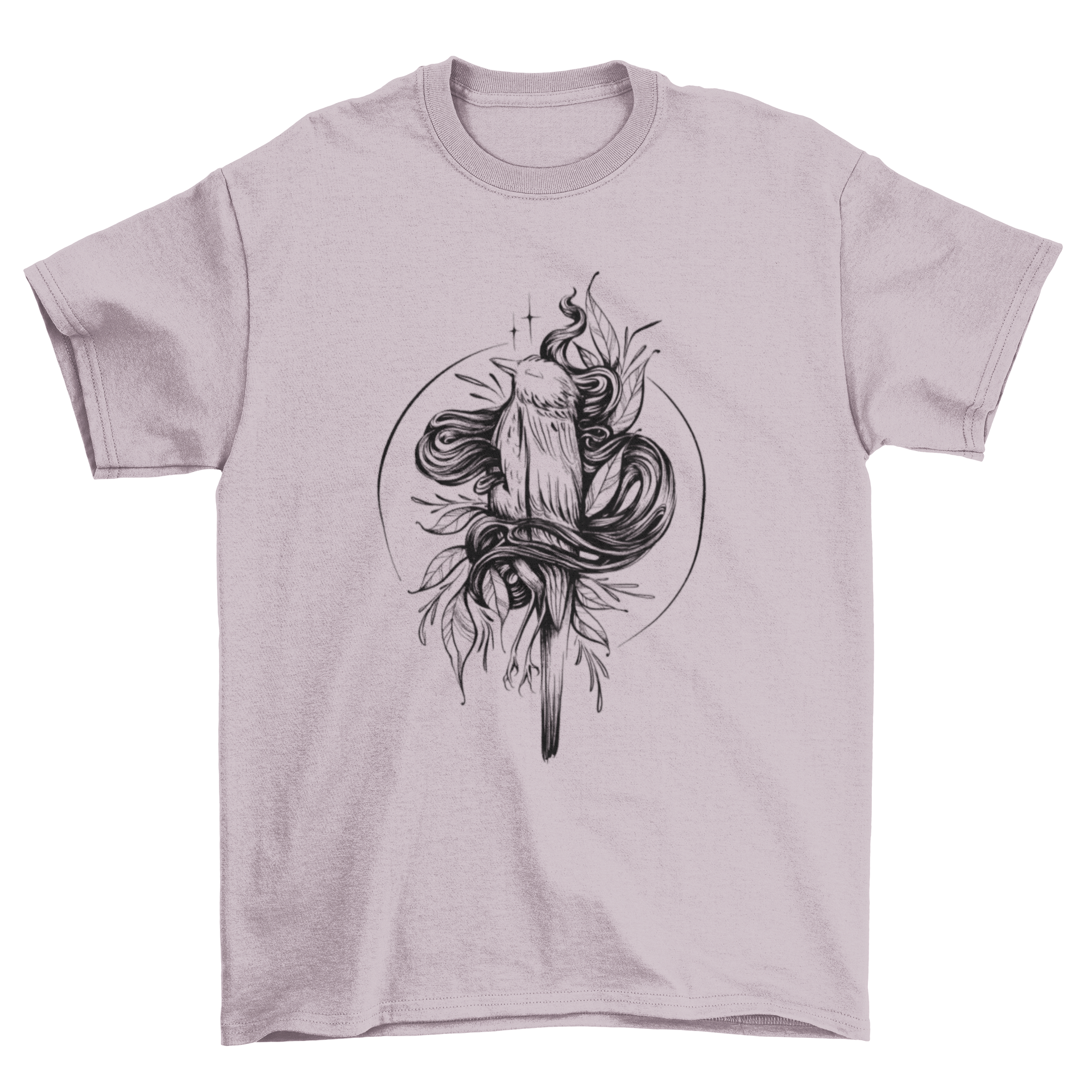 Hand-drawn dead bird t-shirt design featuring a bird with leaves, showcasing artistic details.