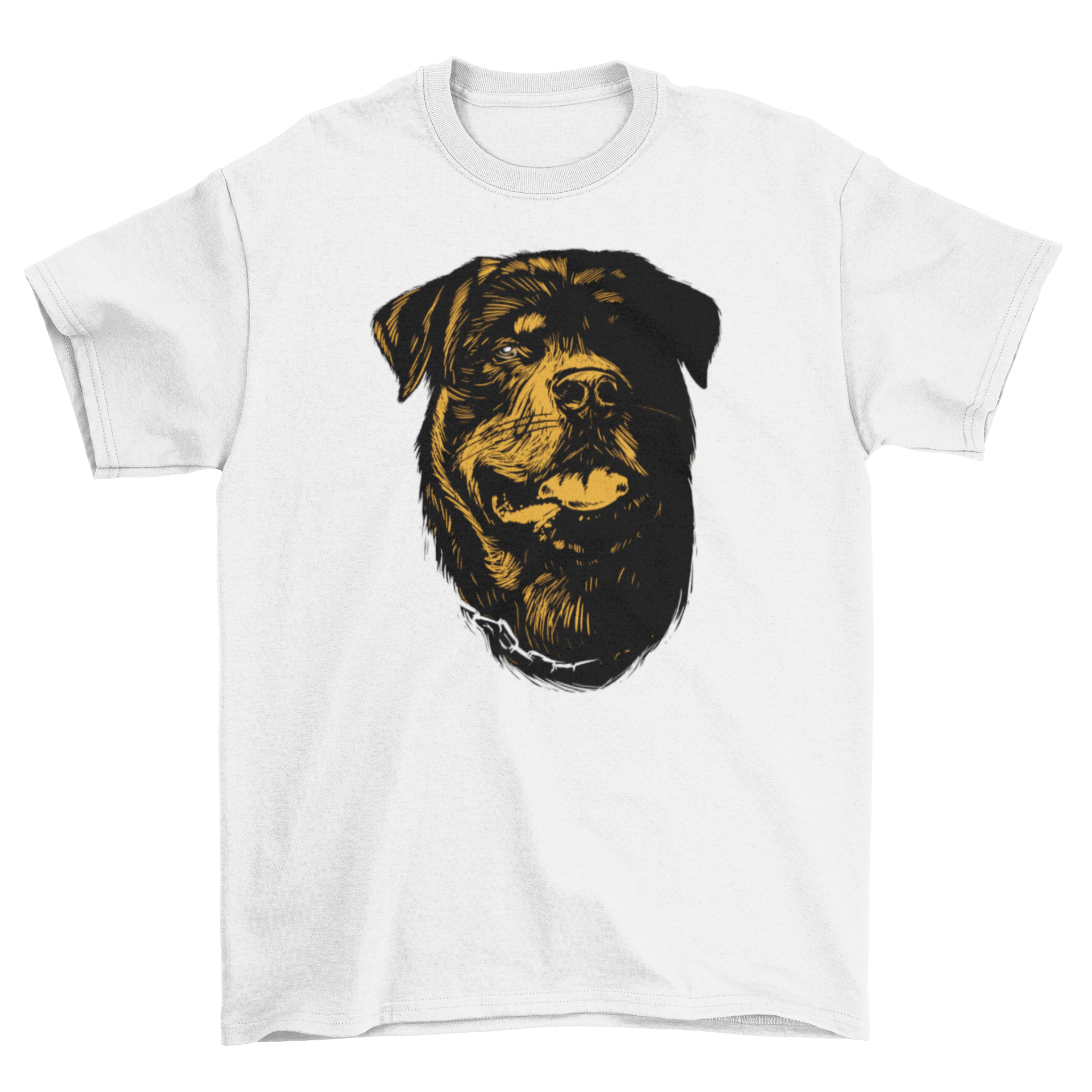 Hand drawn t-shirt featuring a detailed rottweiler dog head illustration.