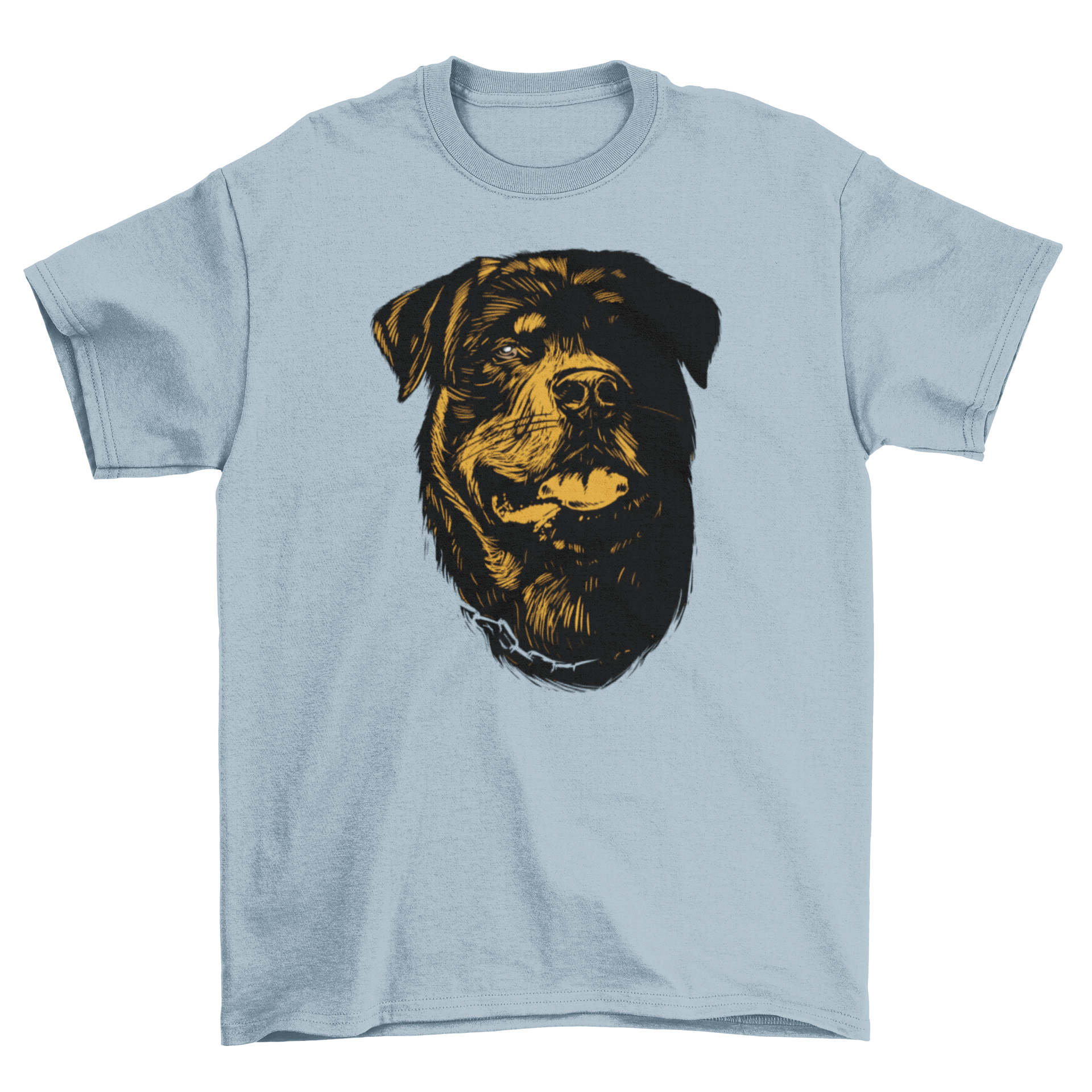 Hand drawn t-shirt featuring a detailed rottweiler dog head illustration.