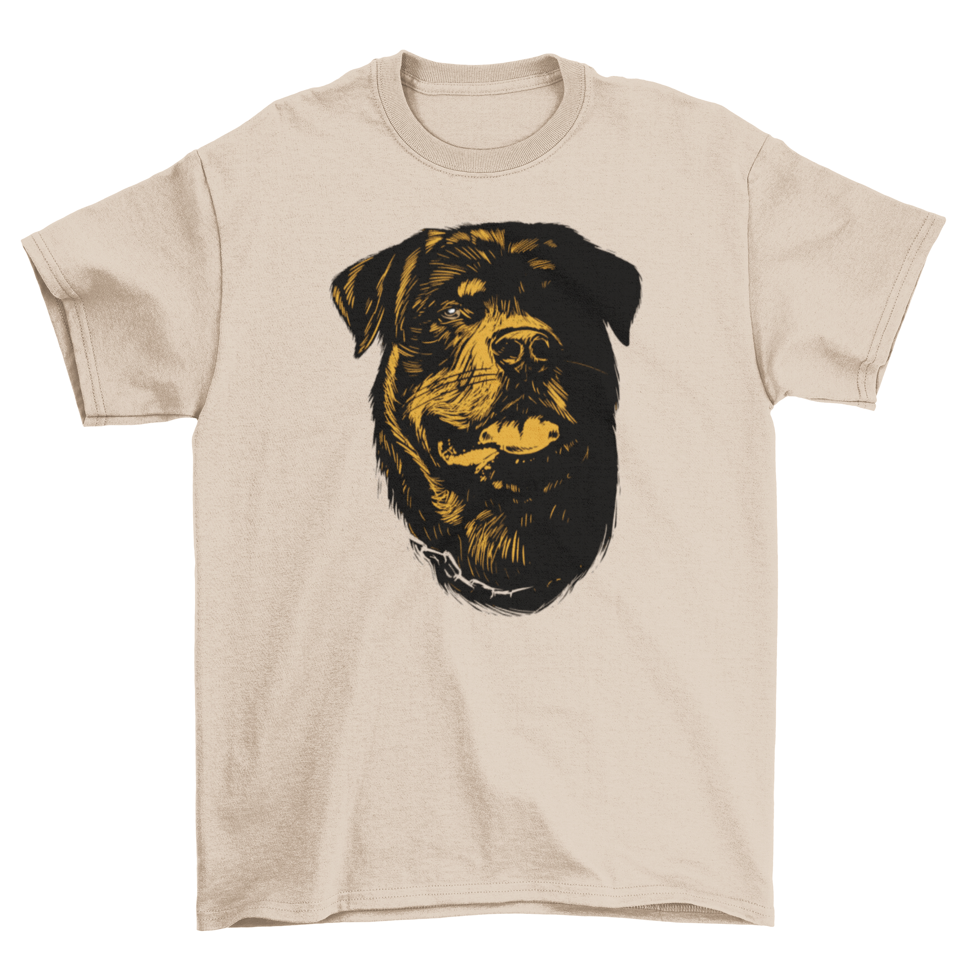 Hand drawn t-shirt featuring a detailed rottweiler dog head illustration.