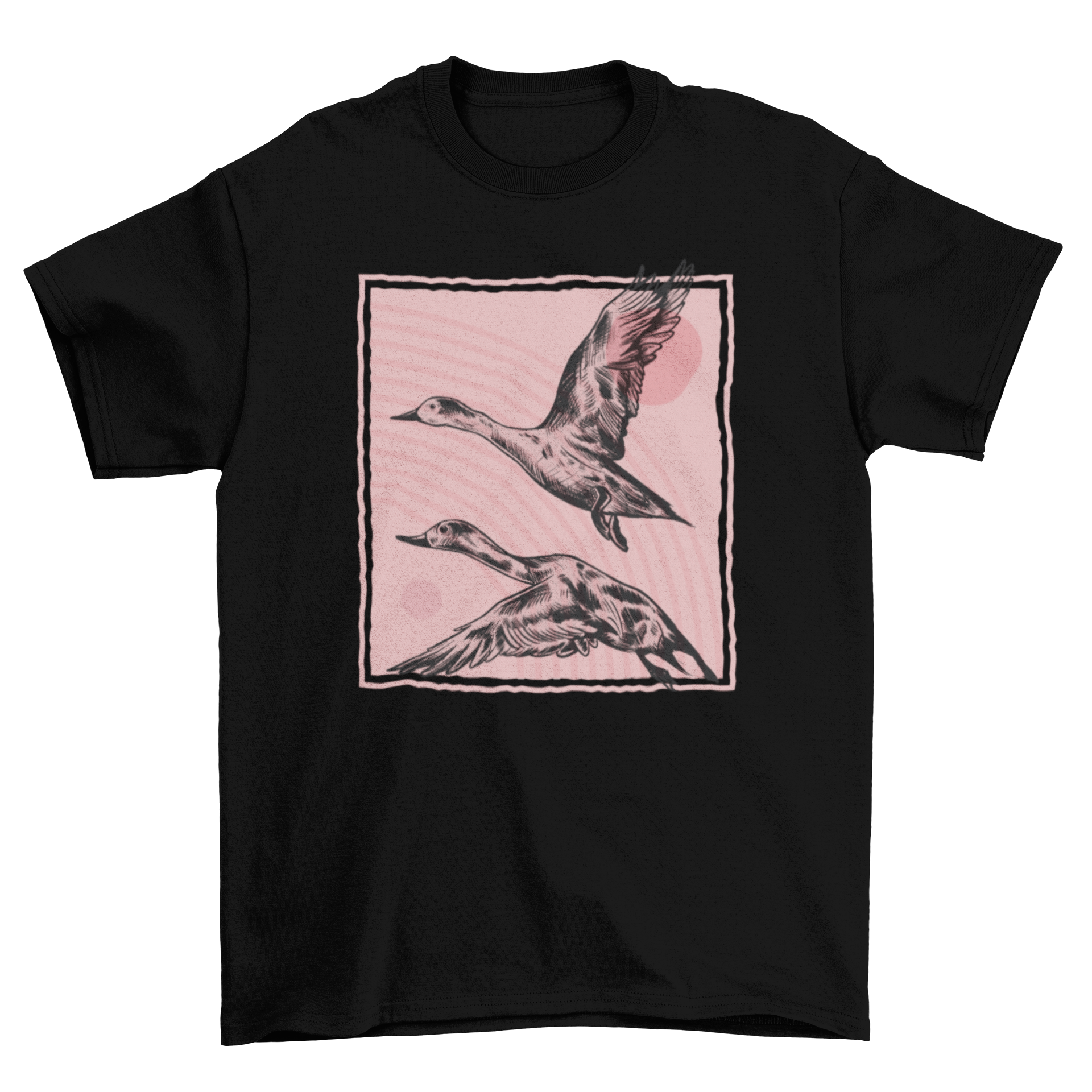 Hand drawn t-shirt design featuring two pintail ducks in flight, showcasing intricate details.