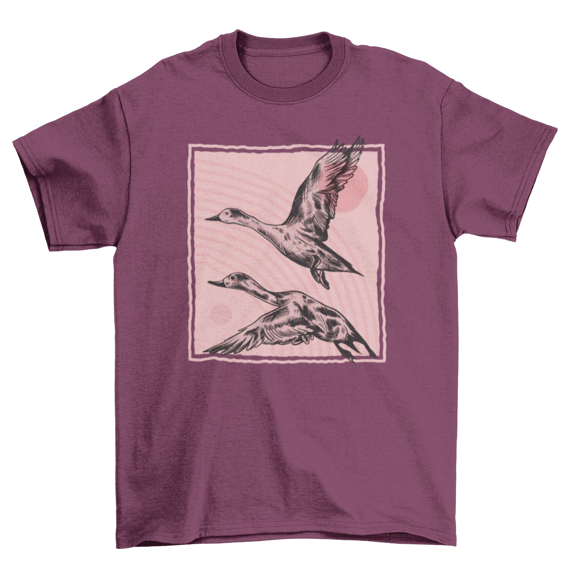 Hand drawn t-shirt design featuring two pintail ducks in flight, showcasing intricate details.