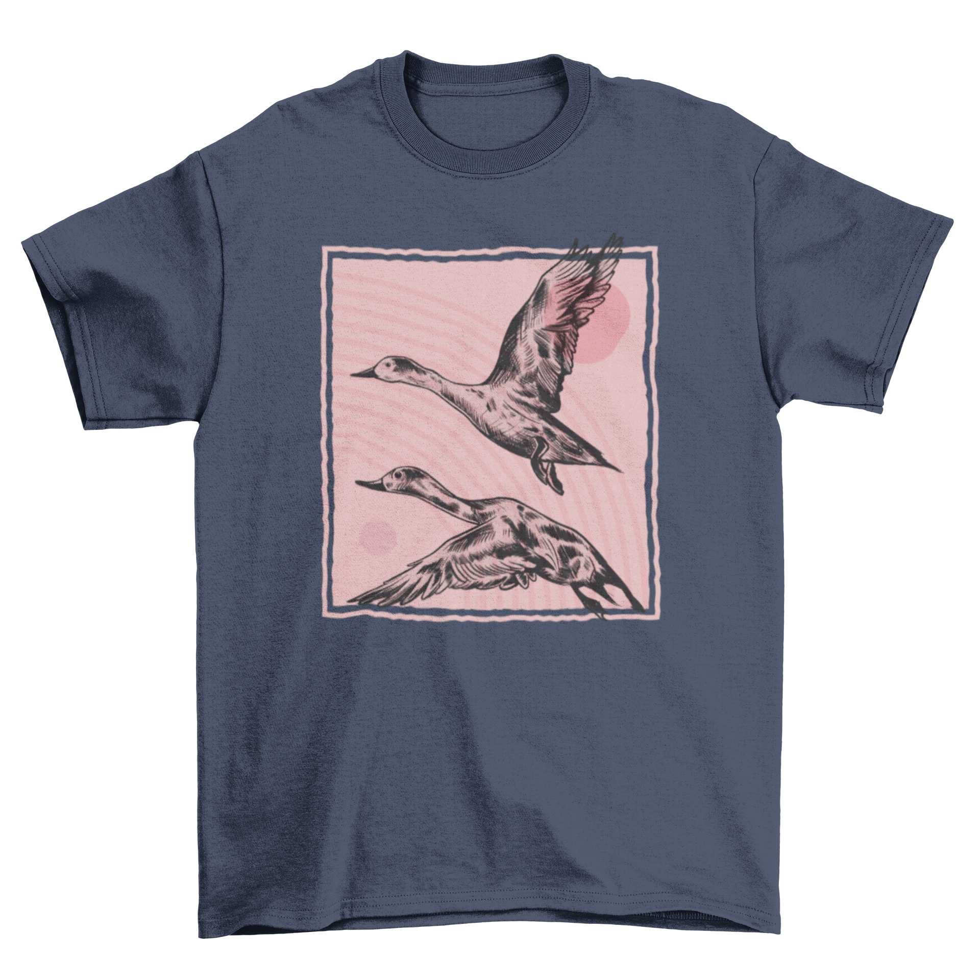 Hand drawn t-shirt design featuring two pintail ducks in flight, showcasing intricate details.