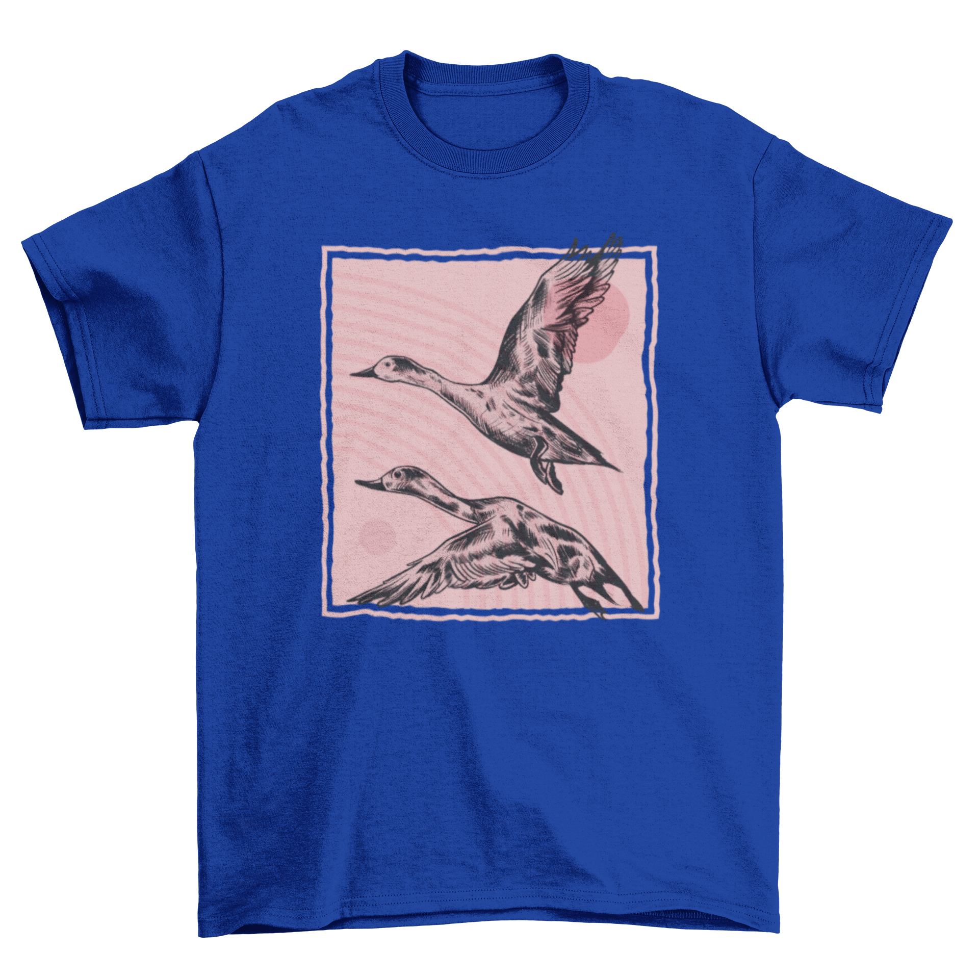 Hand drawn t-shirt design featuring two pintail ducks in flight, showcasing intricate details.