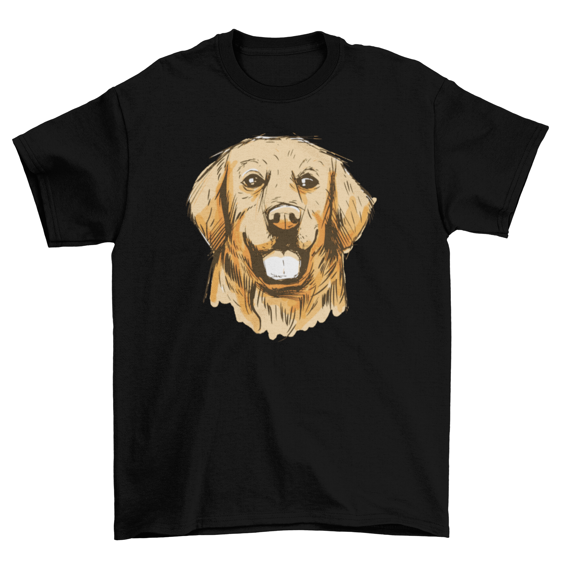 A stylish hand drawn golden t-shirt featuring a detailed illustration of a Golden Retriever dog.