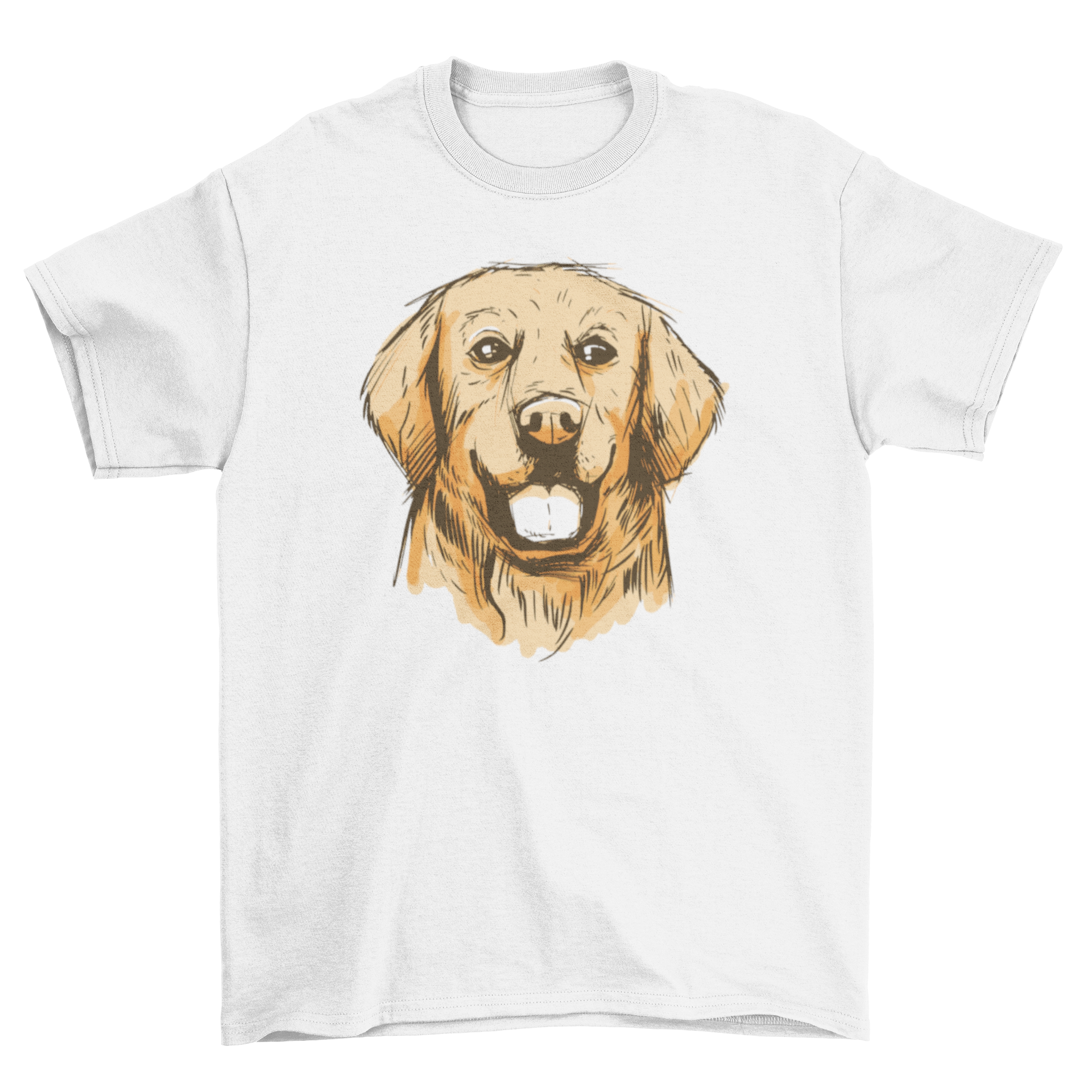 A stylish hand drawn golden t-shirt featuring a detailed illustration of a Golden Retriever dog.