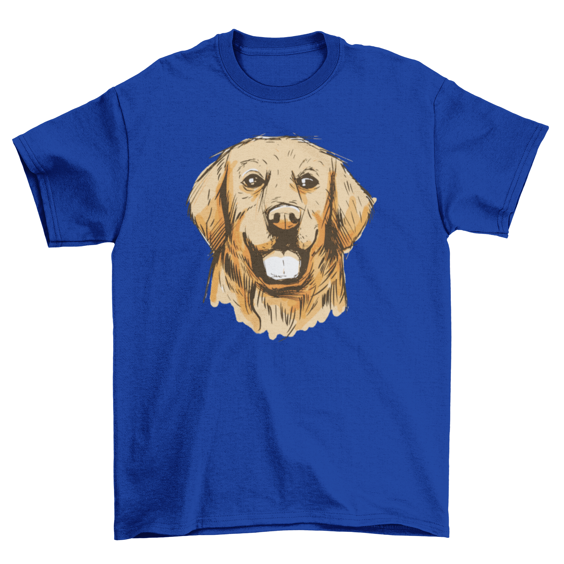 A stylish hand drawn golden t-shirt featuring a detailed illustration of a Golden Retriever dog.