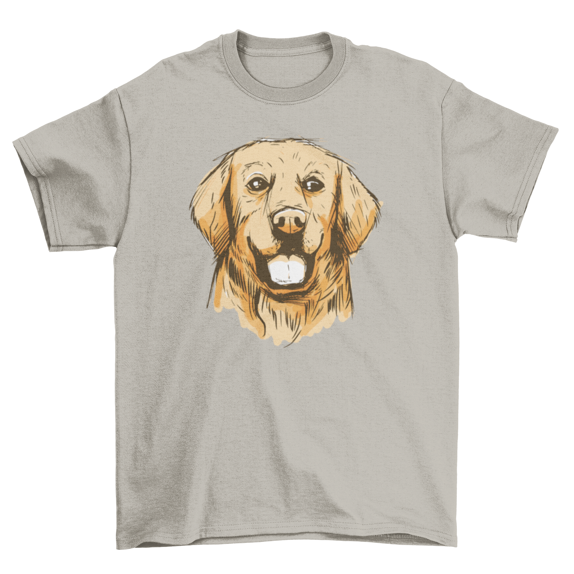 A stylish hand drawn golden t-shirt featuring a detailed illustration of a Golden Retriever dog.