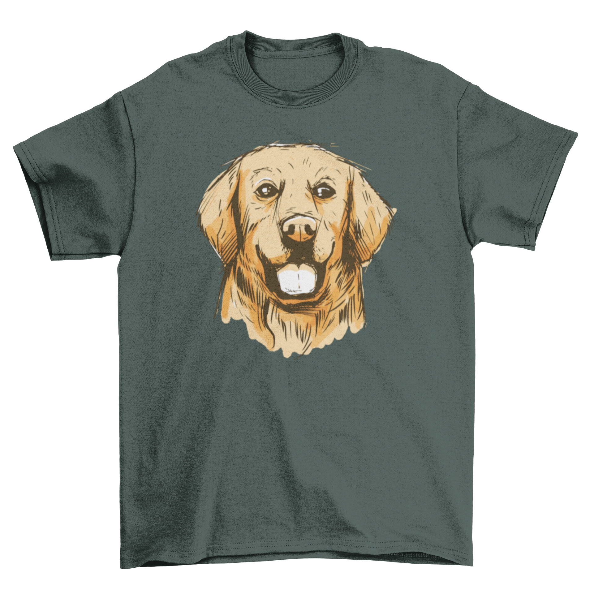 A stylish hand drawn golden t-shirt featuring a detailed illustration of a Golden Retriever dog.