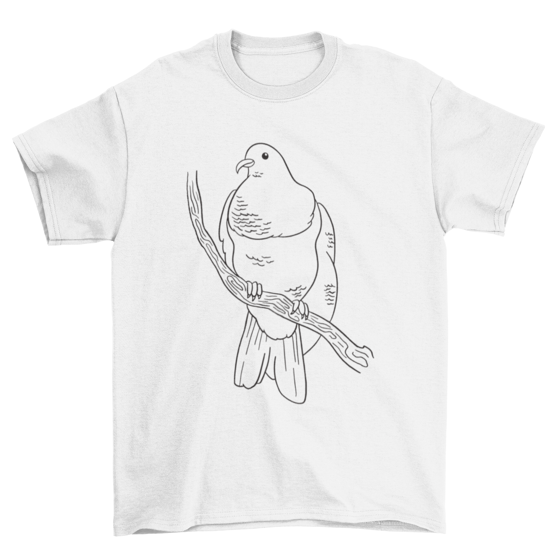 A stylish hand drawn t-shirt featuring a Keruru bird, showcasing its vibrant green and white plumage in an artistic design.