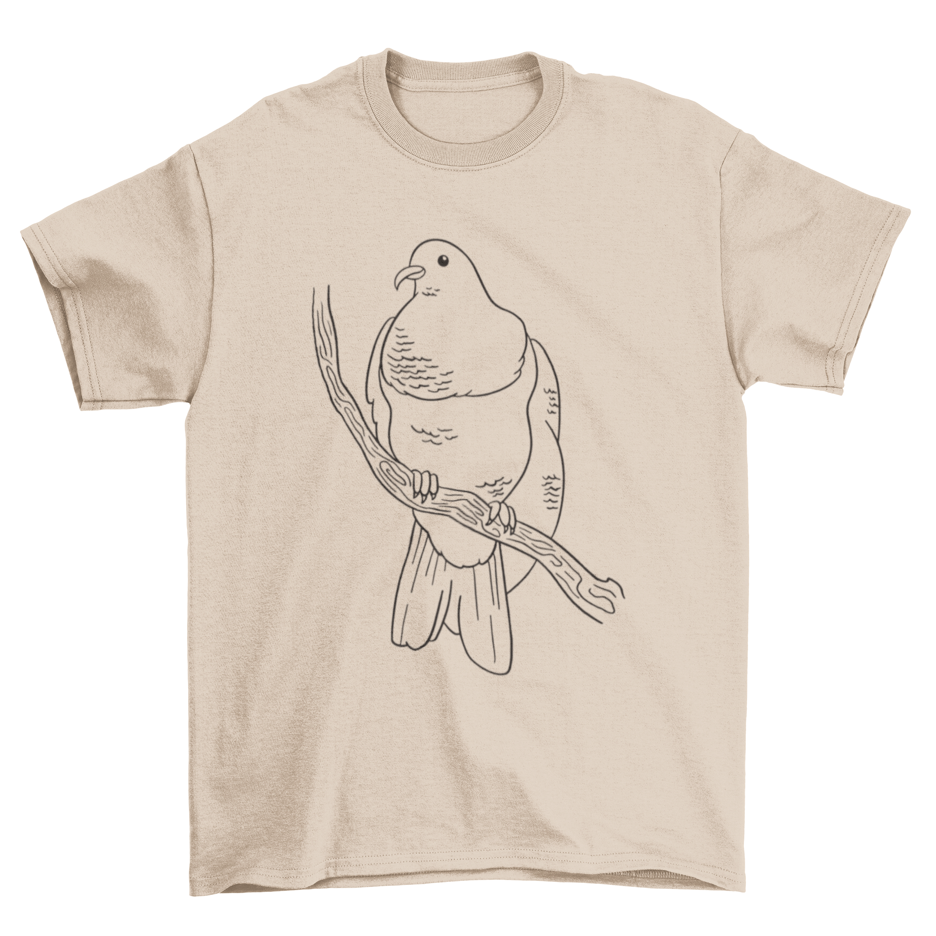 A stylish hand drawn t-shirt featuring a Keruru bird, showcasing its vibrant green and white plumage in an artistic design.