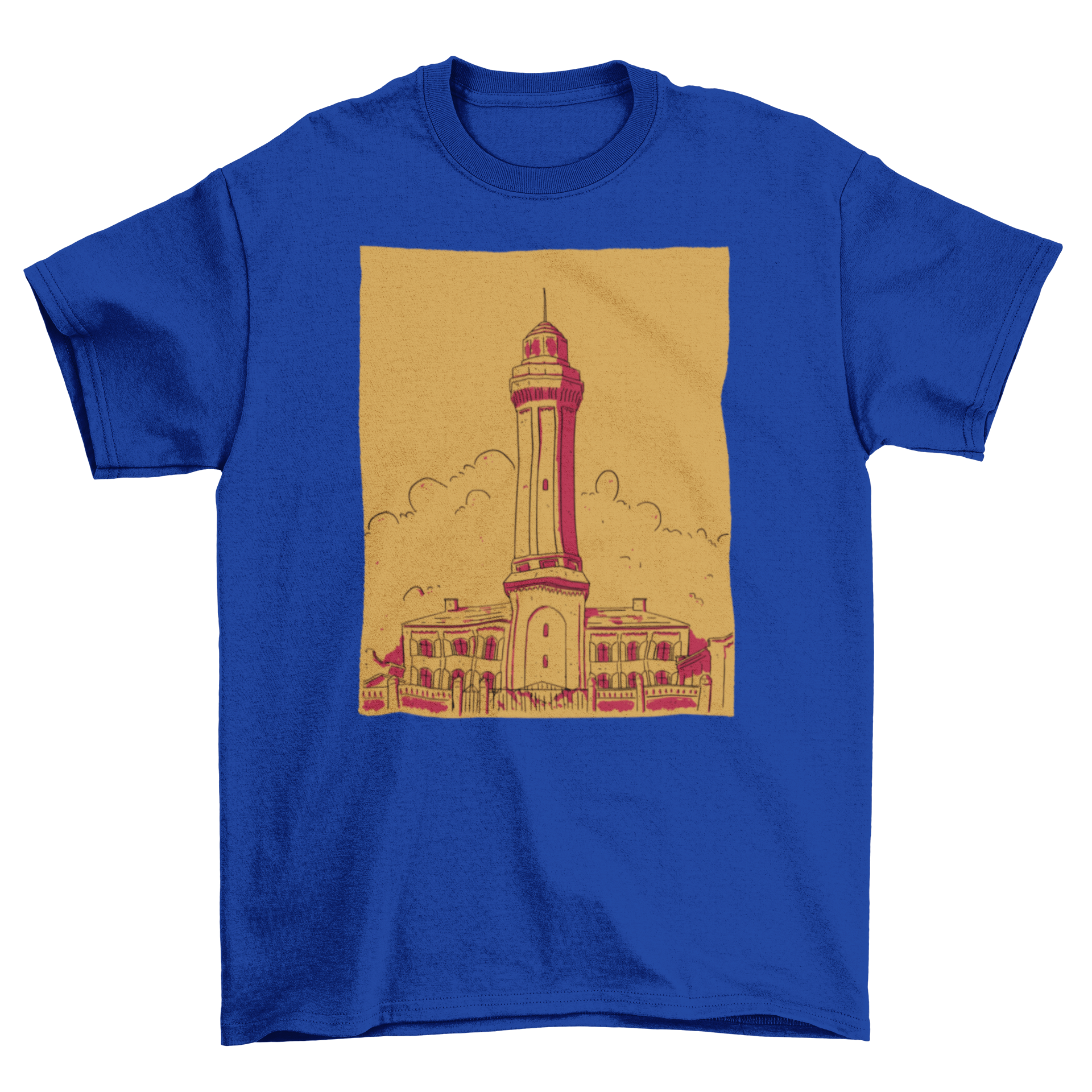 A stylish hand-drawn lighthouse t-shirt featuring a detailed illustration of a lighthouse against a scenic backdrop.