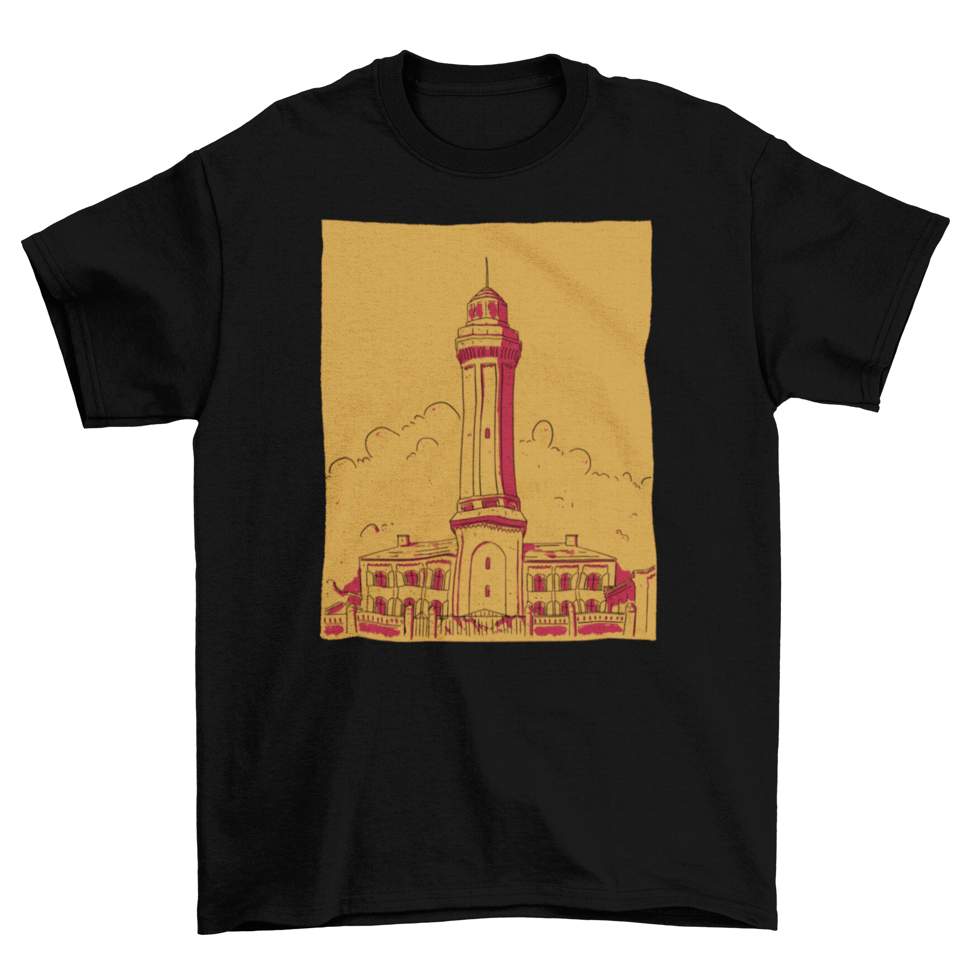 A stylish hand-drawn lighthouse t-shirt featuring a detailed illustration of a lighthouse against a scenic backdrop.