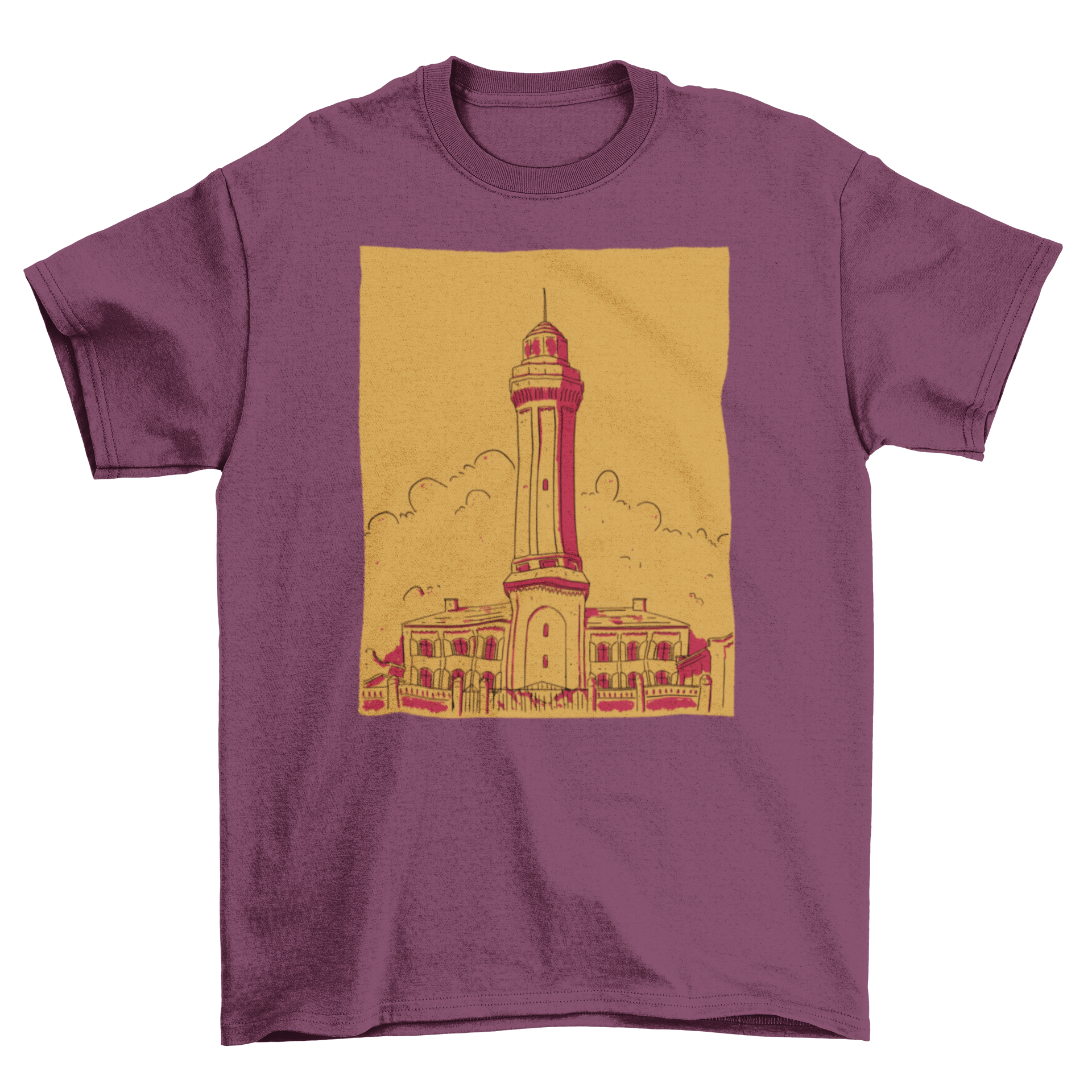 A stylish hand-drawn lighthouse t-shirt featuring a detailed illustration of a lighthouse against a scenic backdrop.