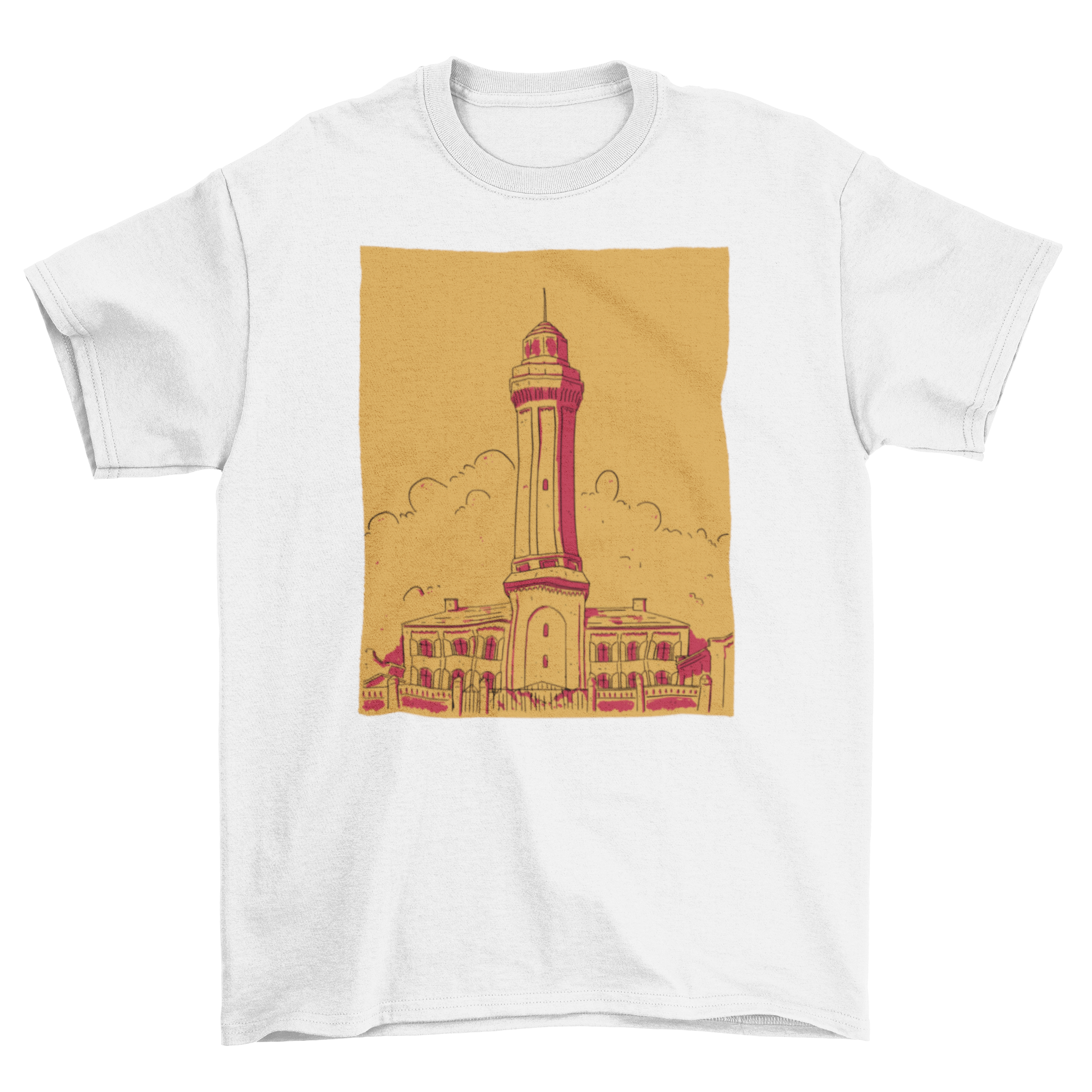 A stylish hand-drawn lighthouse t-shirt featuring a detailed illustration of a lighthouse against a scenic backdrop.