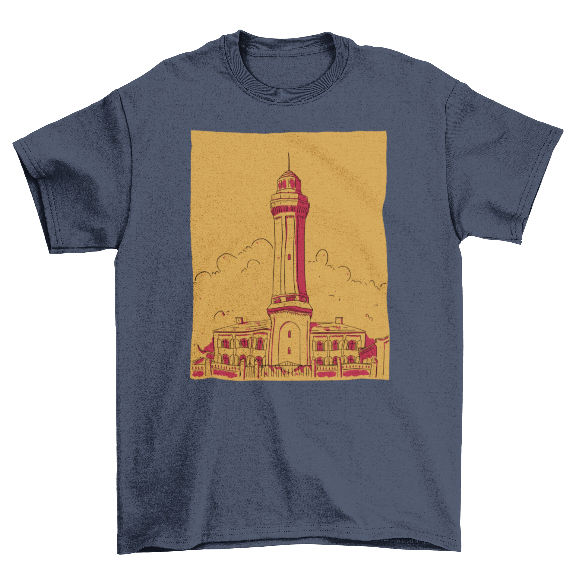 A stylish hand-drawn lighthouse t-shirt featuring a detailed illustration of a lighthouse against a scenic backdrop.