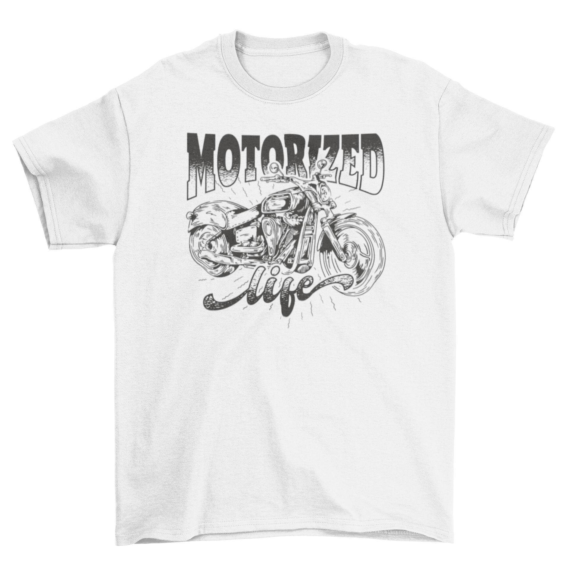 A stylish hand drawn motorcycle t-shirt featuring a vintage motorcycle illustration, perfect for motorcycle enthusiasts.