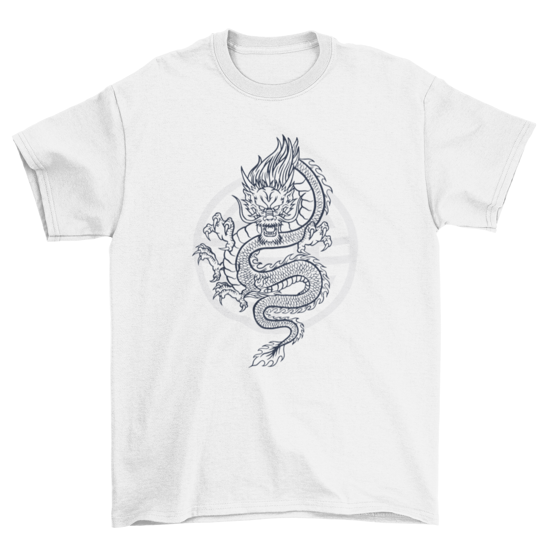 A stylish hand drawn t-shirt featuring a detailed illustration of a mythical dragon, showcasing intricate designs and vibrant colors.