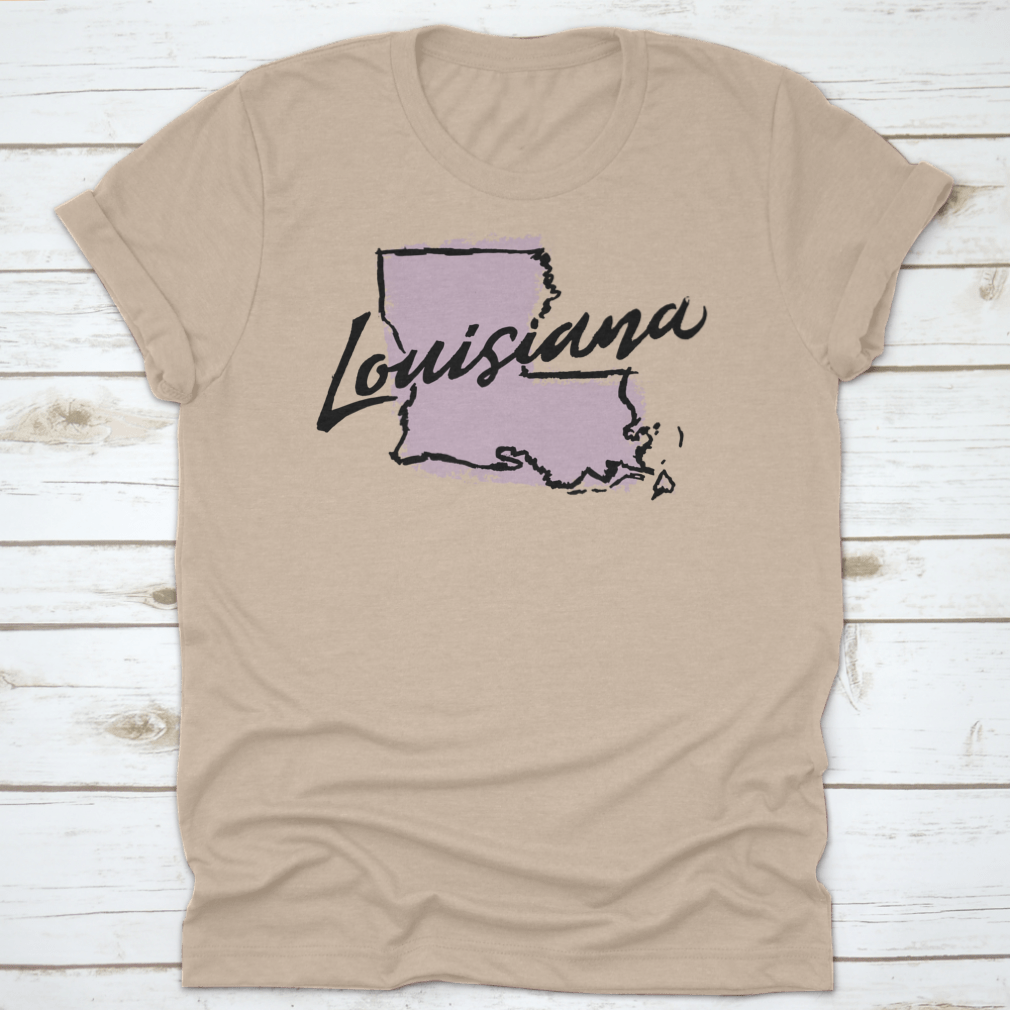 Hand drawn outline illustration of Louisiana state map, showcasing intricate details and artistic style.