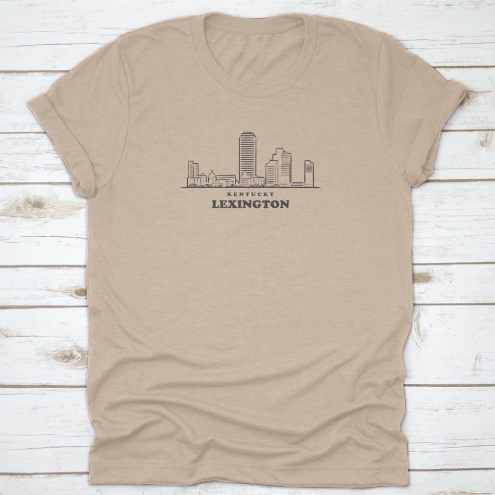 Hand drawn sketch of Lexington skyline in Kentucky, showcasing detailed architectural features on a soft fabric.