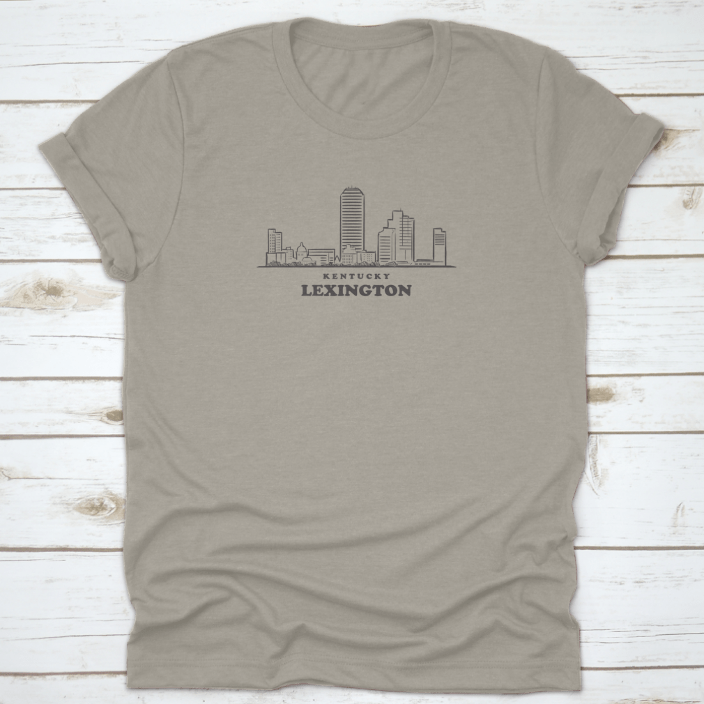 Hand drawn sketch of Lexington skyline in Kentucky, showcasing detailed architectural features on a soft fabric.