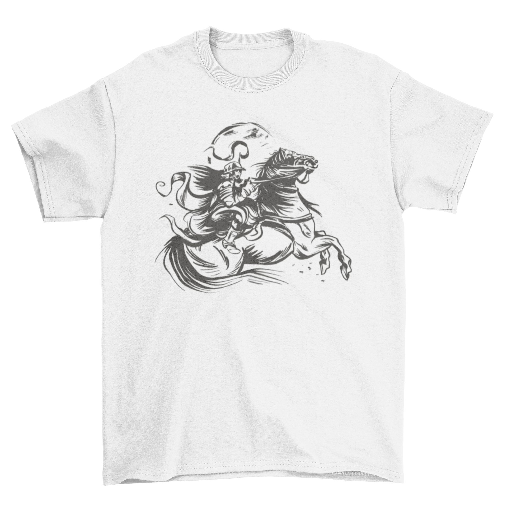 Hand drawn t-shirt featuring a woman soldier riding a horse, showcasing artistic design and empowerment.