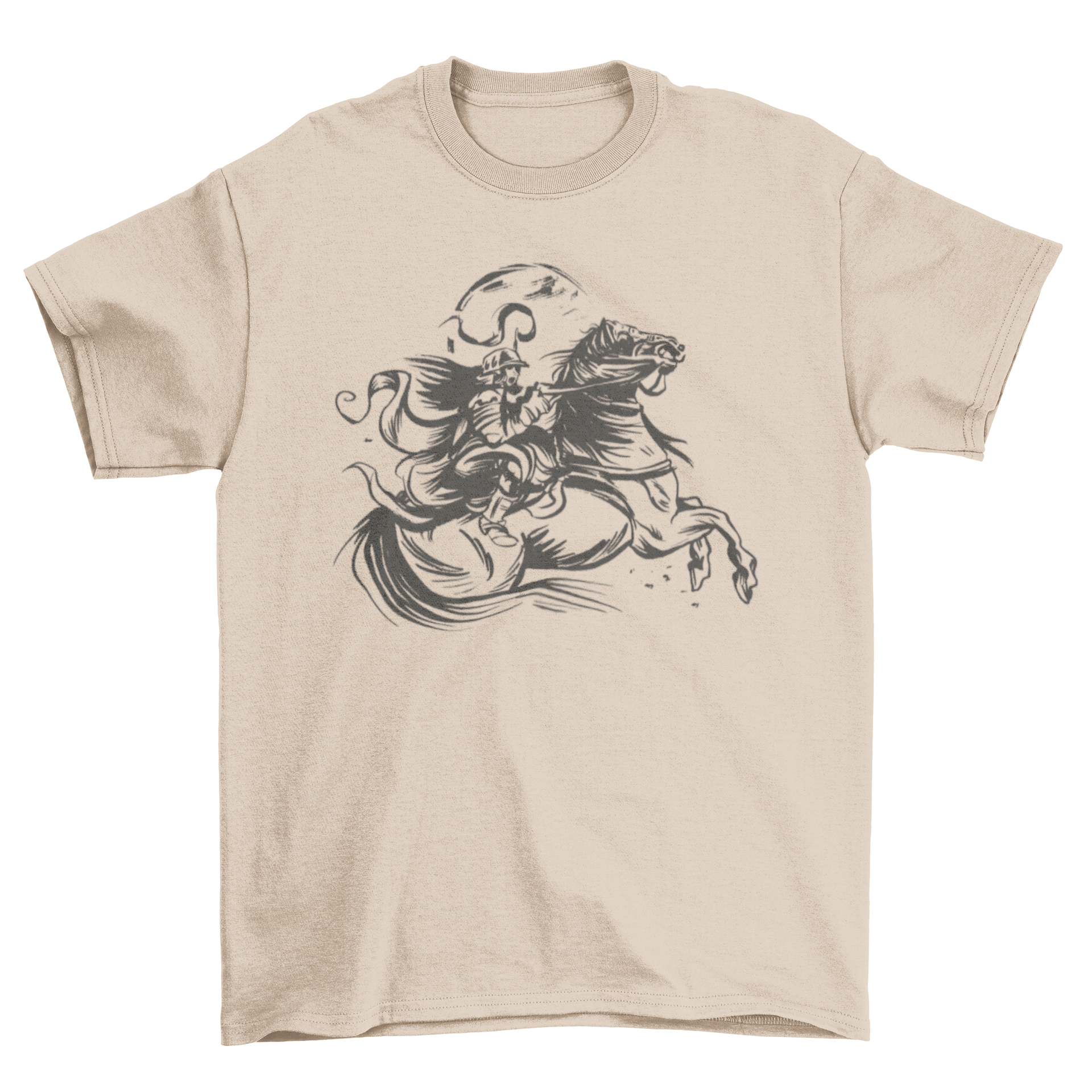 Hand drawn t-shirt featuring a woman soldier riding a horse, showcasing artistic design and empowerment.