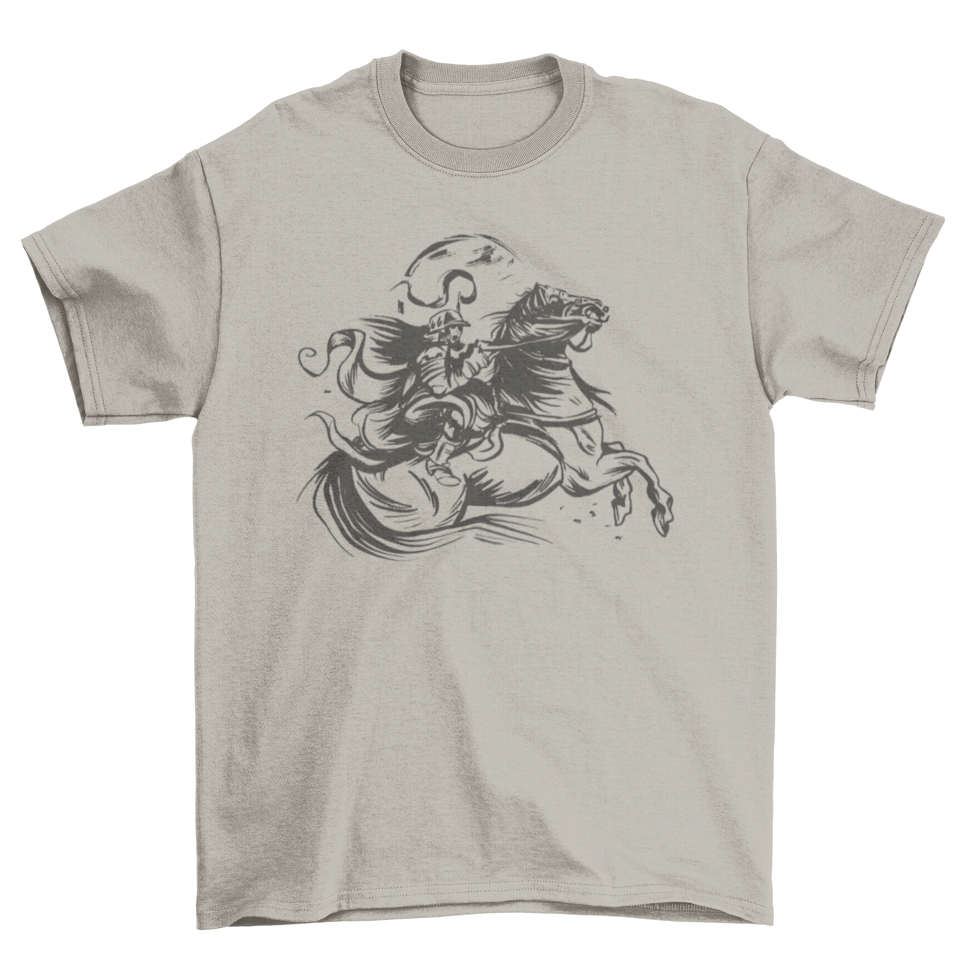 Hand drawn t-shirt featuring a woman soldier riding a horse, showcasing artistic design and empowerment.