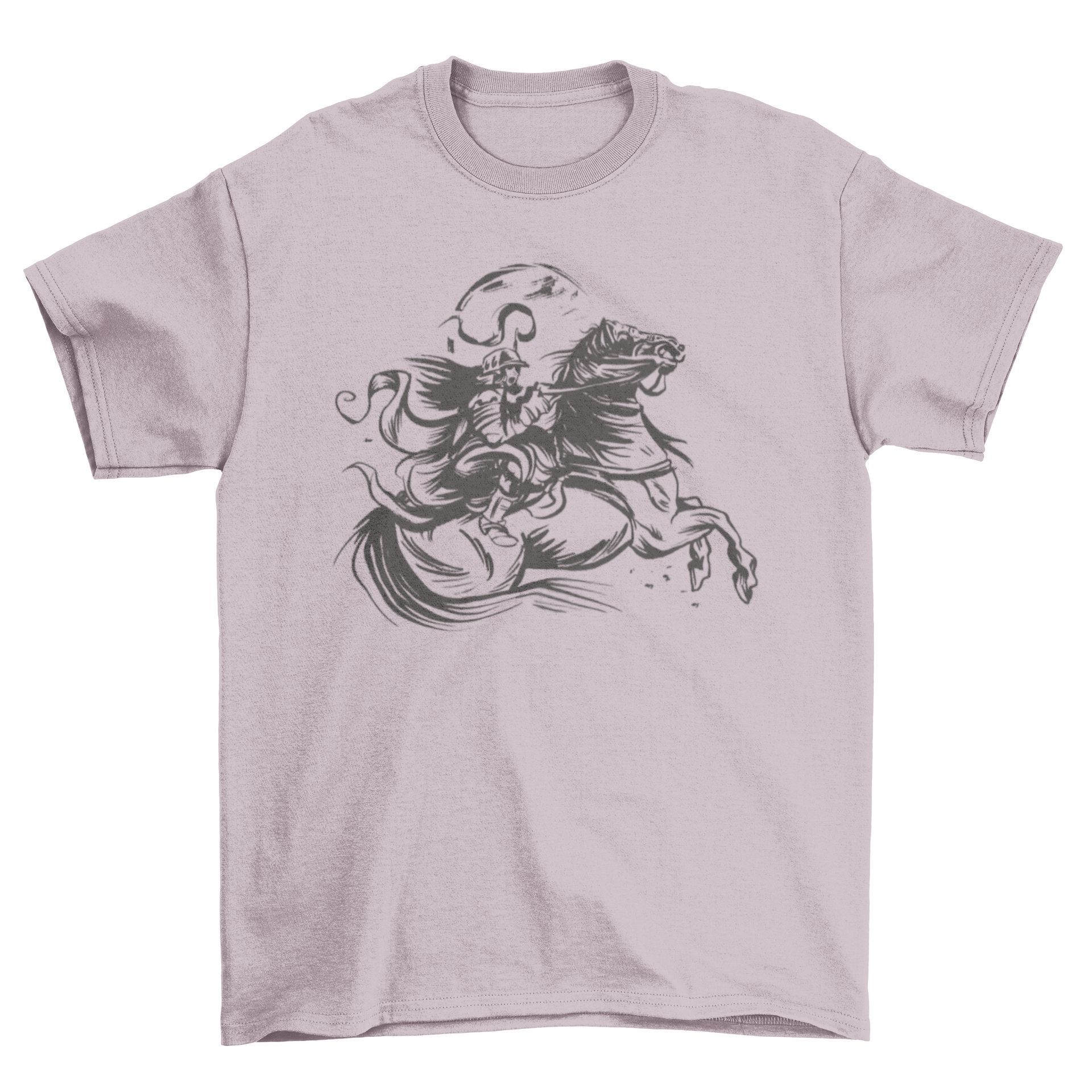 Hand drawn t-shirt featuring a woman soldier riding a horse, showcasing artistic design and empowerment.