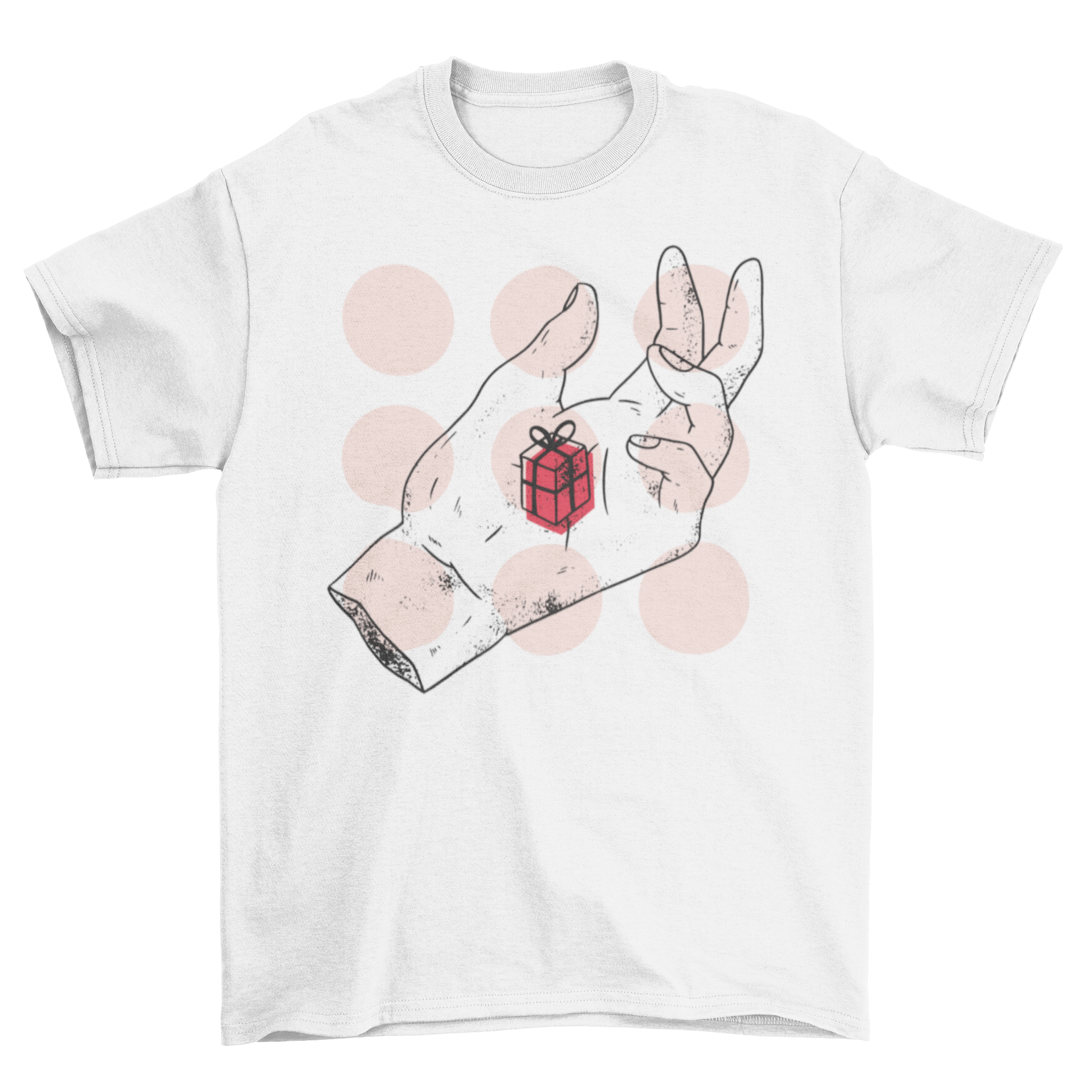 Hand gift t-shirt featuring an abstract design of a hand holding a red gift box, showcasing creativity and style.