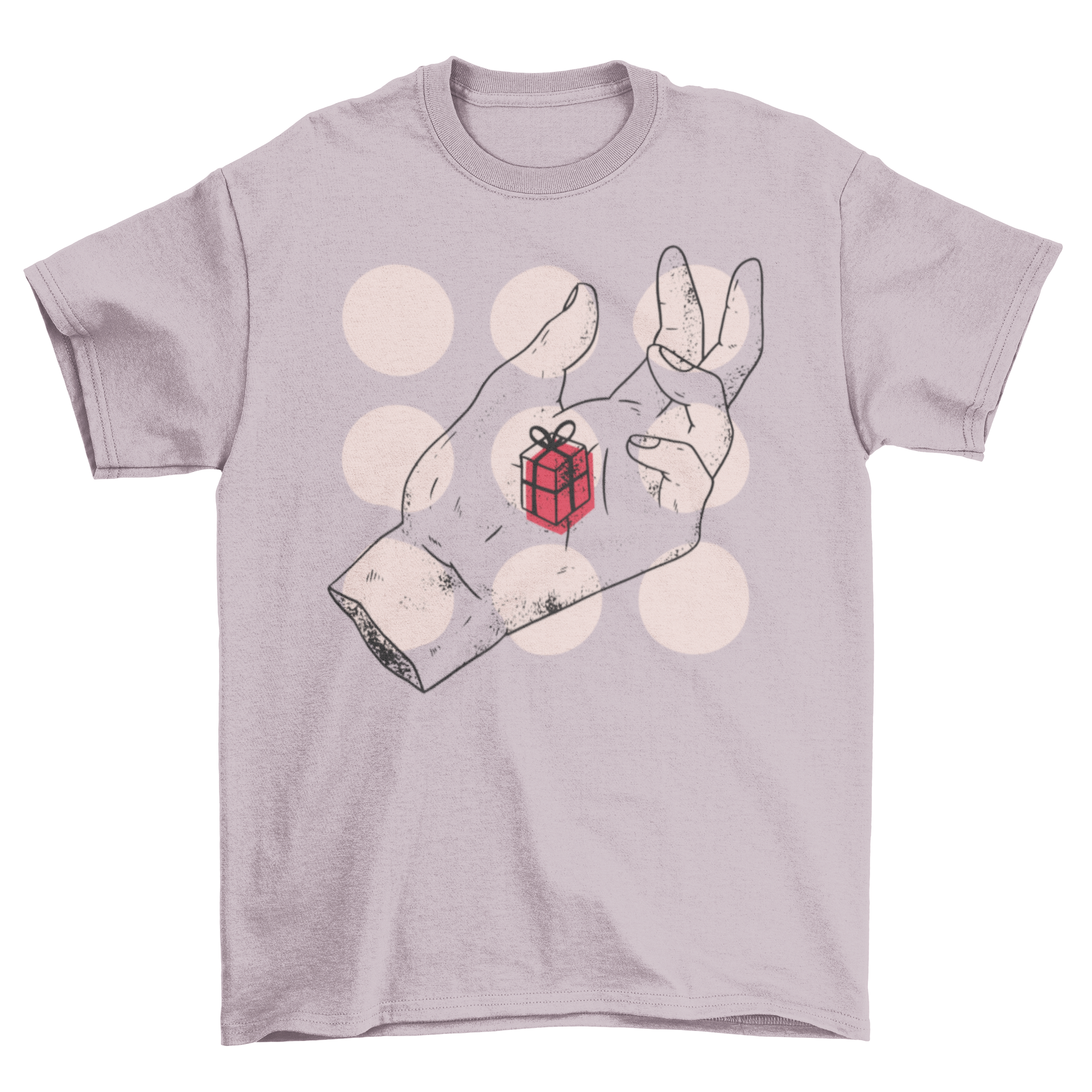 Hand gift t-shirt featuring an abstract design of a hand holding a red gift box, showcasing creativity and style.