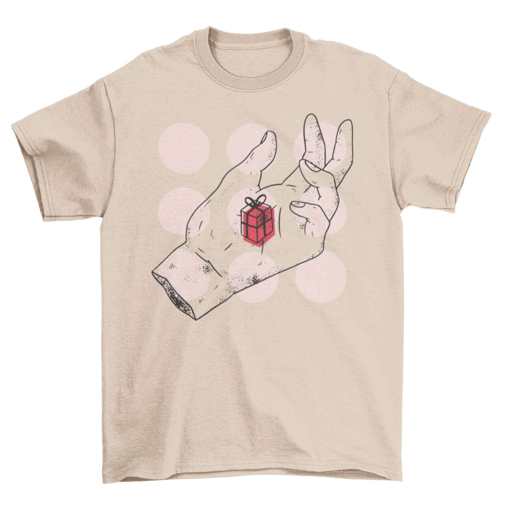 Hand gift t-shirt featuring an abstract design of a hand holding a red gift box, showcasing creativity and style.