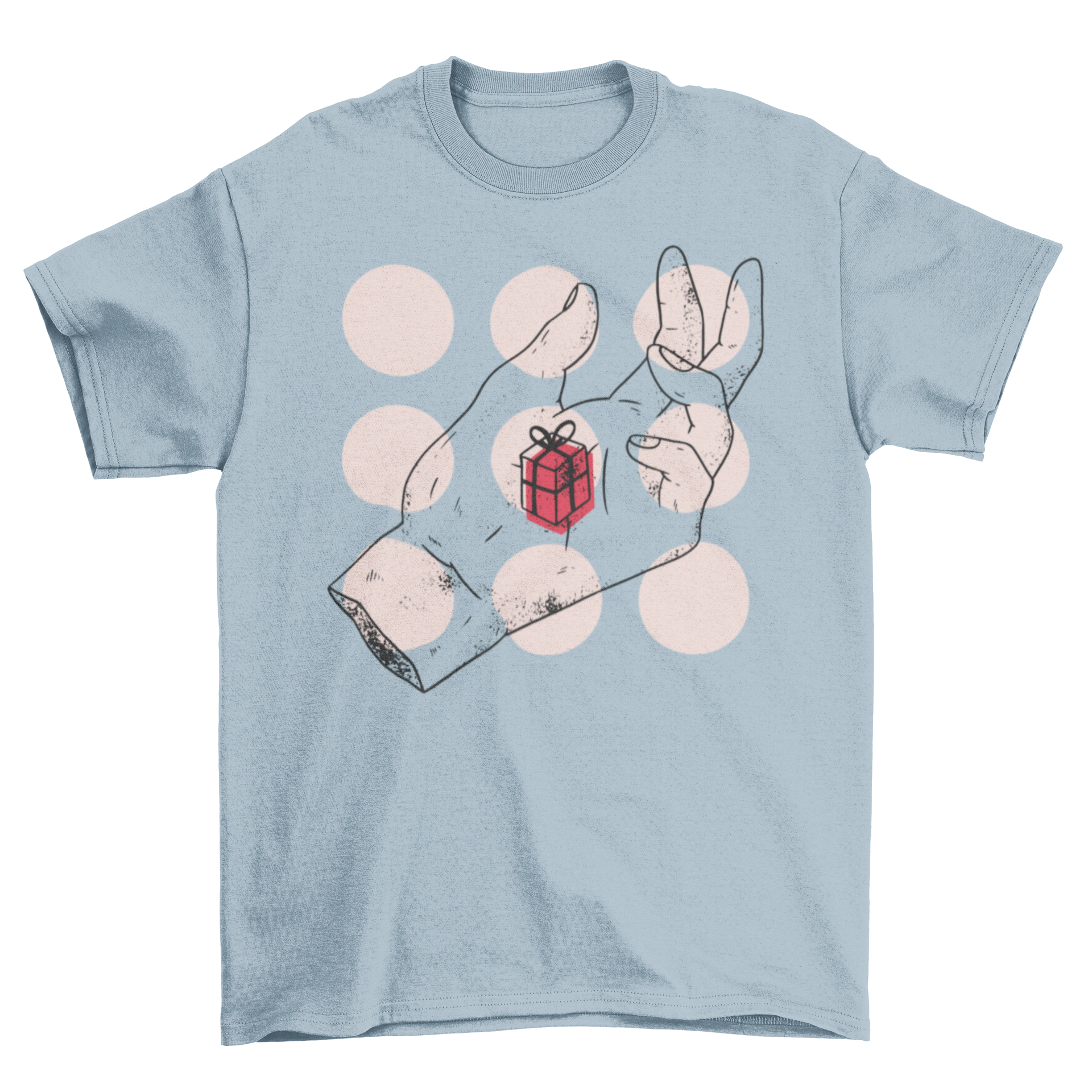 Hand gift t-shirt featuring an abstract design of a hand holding a red gift box, showcasing creativity and style.