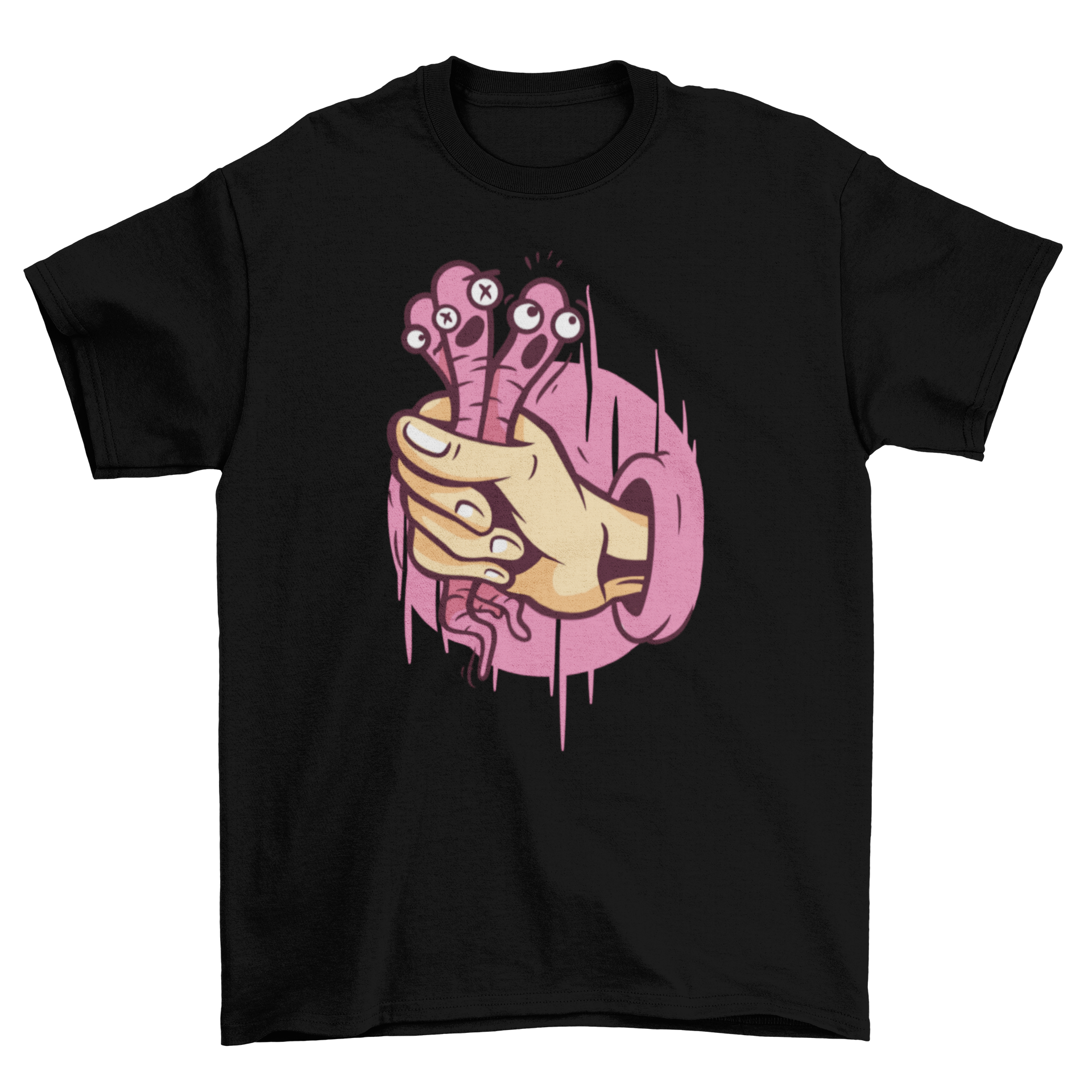 A playful t-shirt featuring a hand grabbing three shocked earthworms, showcasing a unique and humorous design.