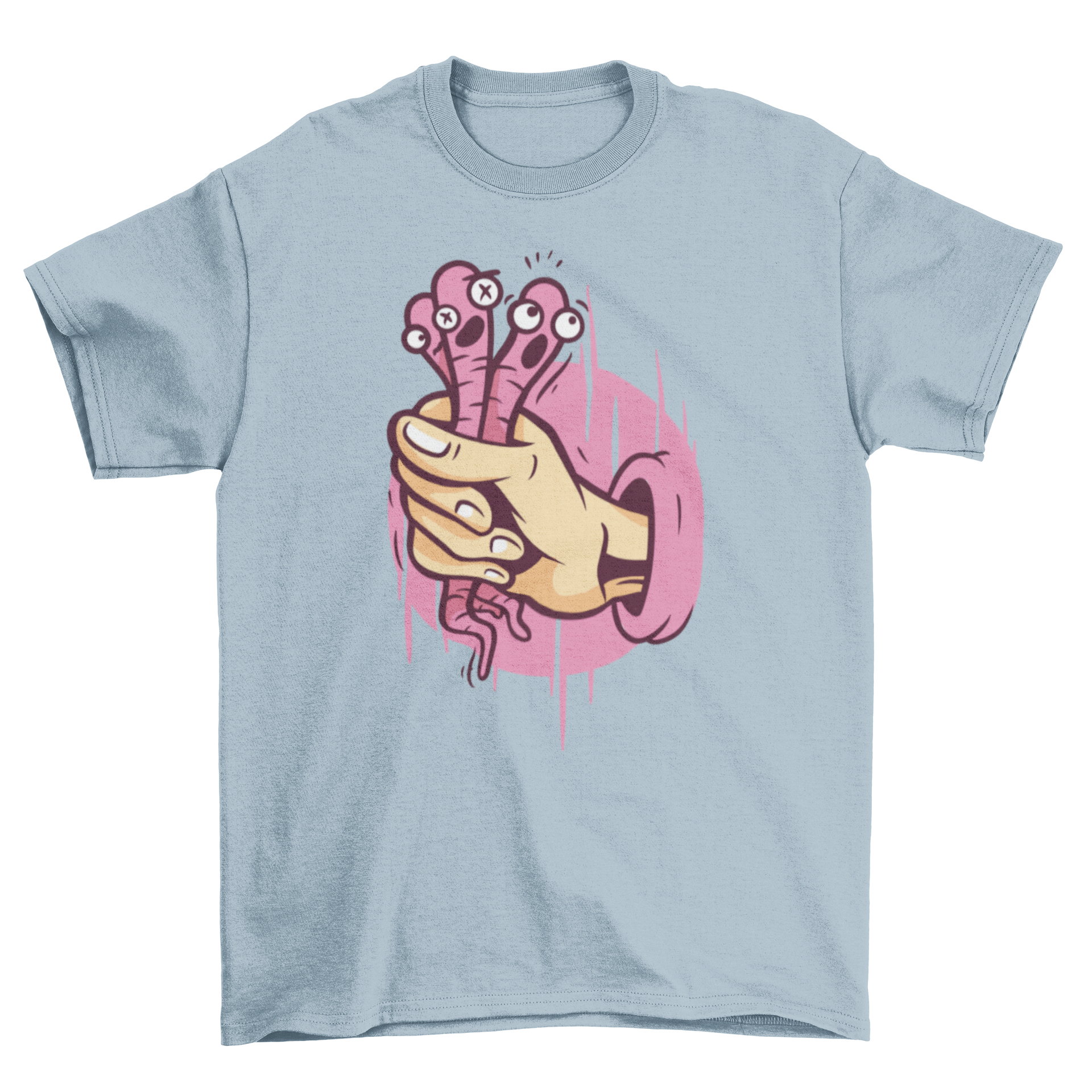 A playful t-shirt featuring a hand grabbing three shocked earthworms, showcasing a unique and humorous design.