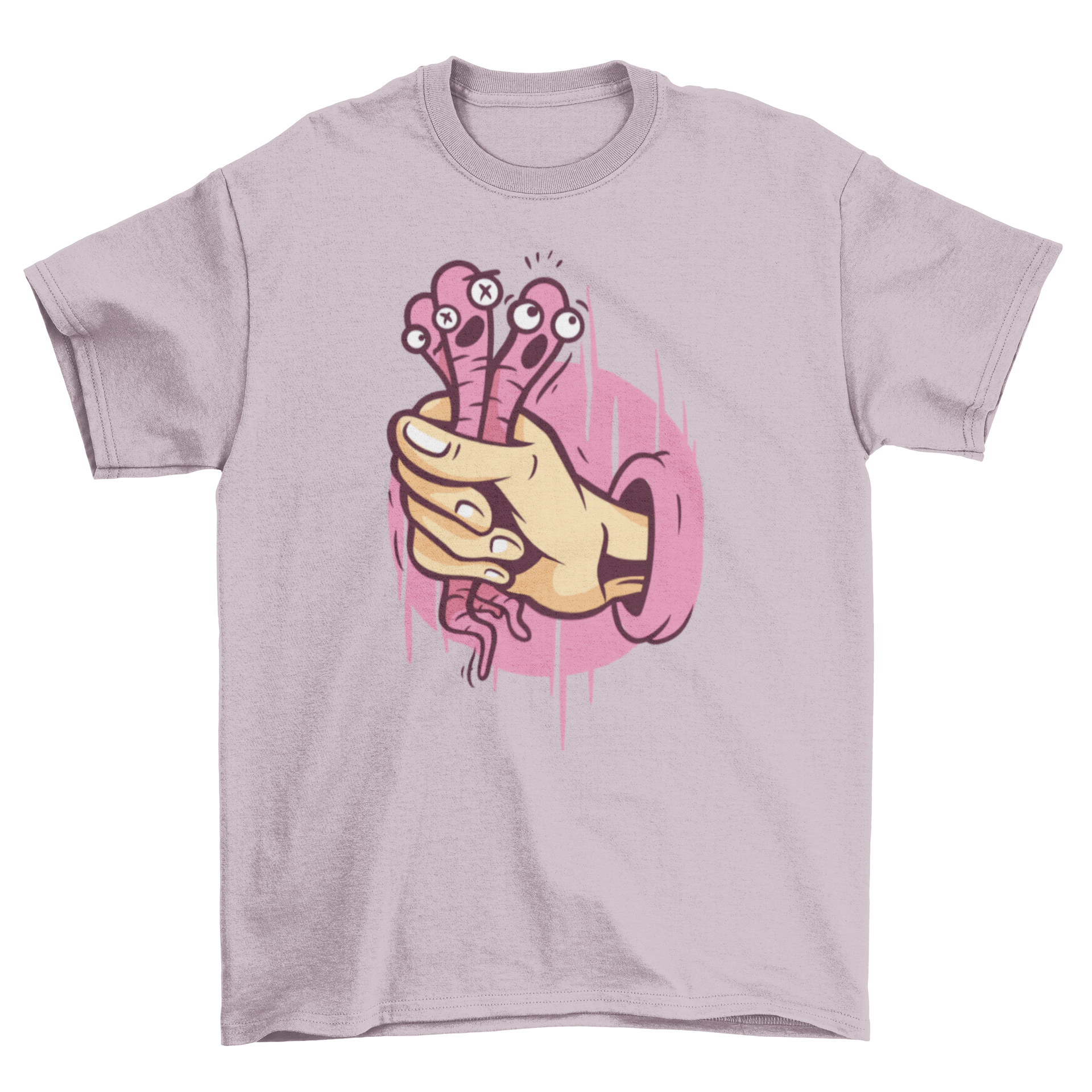 A playful t-shirt featuring a hand grabbing three shocked earthworms, showcasing a unique and humorous design.