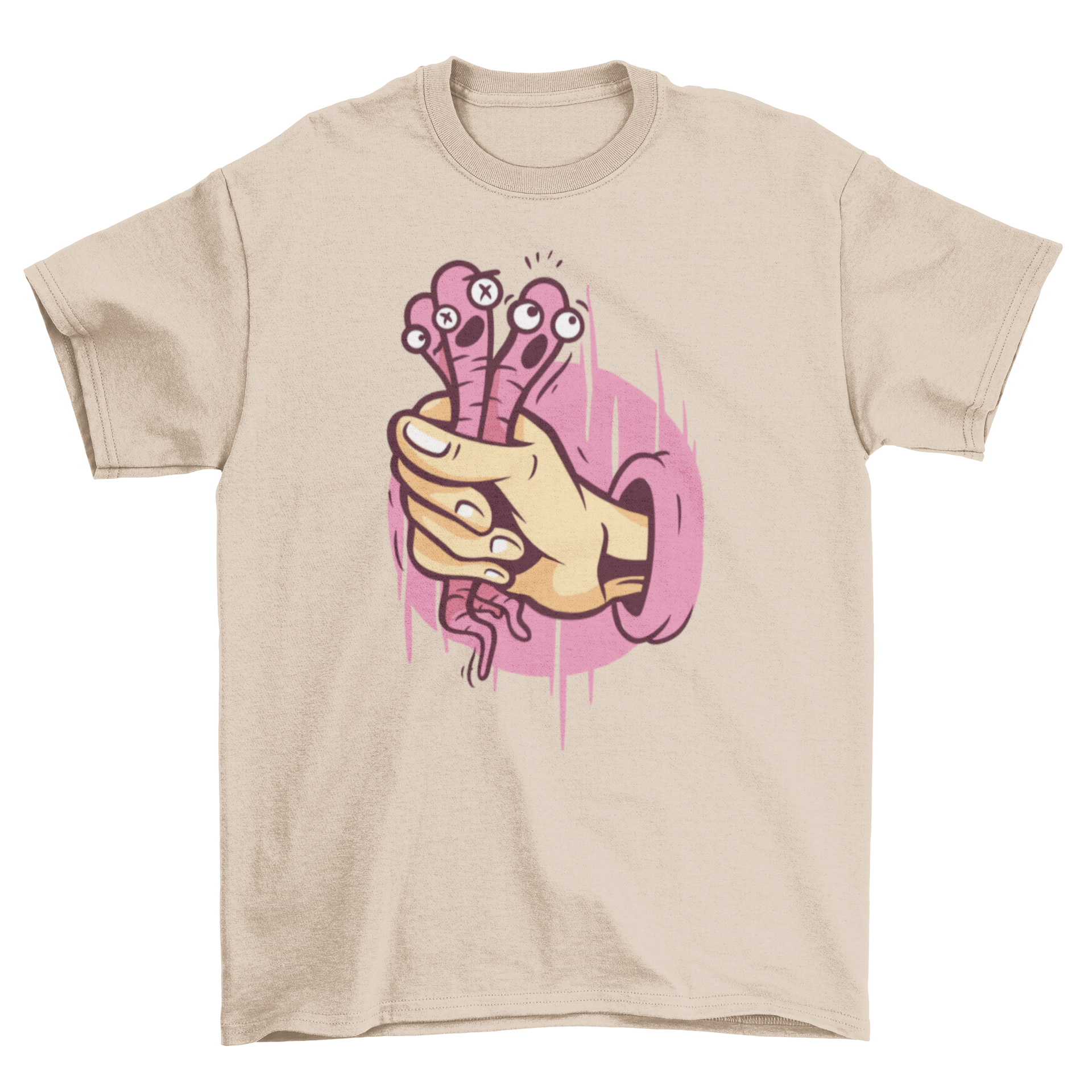 A playful t-shirt featuring a hand grabbing three shocked earthworms, showcasing a unique and humorous design.